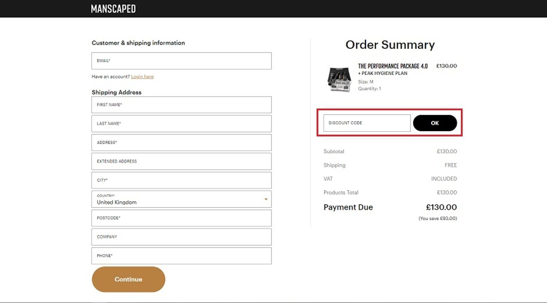  A screenshot of the Manscaped website showing customers how to use their discount code with the 'discount code' box and 'OK' button highlighted. 