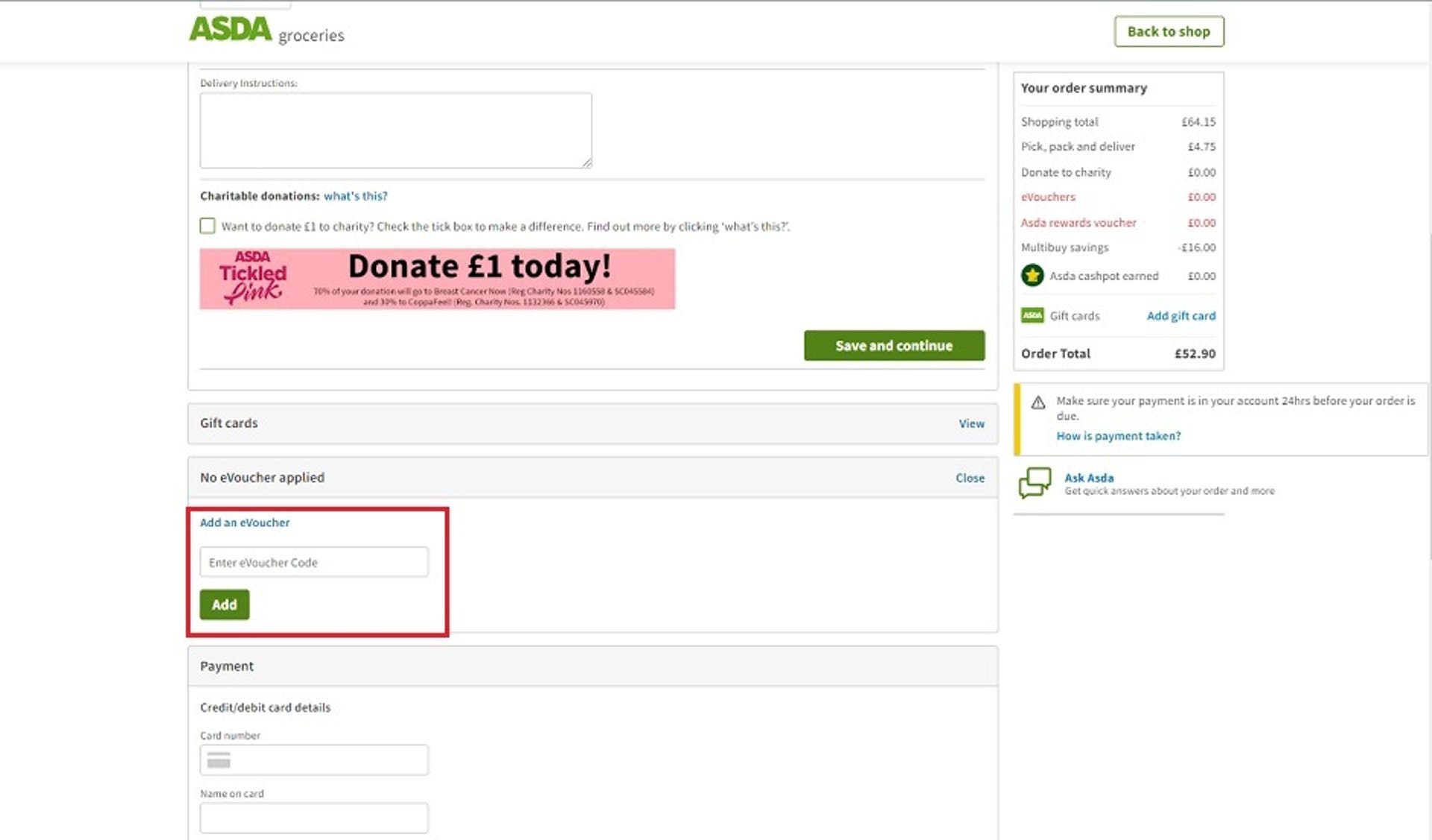  A screenshot of the checkout screen on the ASDA website showing users where to enter their discount code with the 'Add an evoucher' box highlighted. 