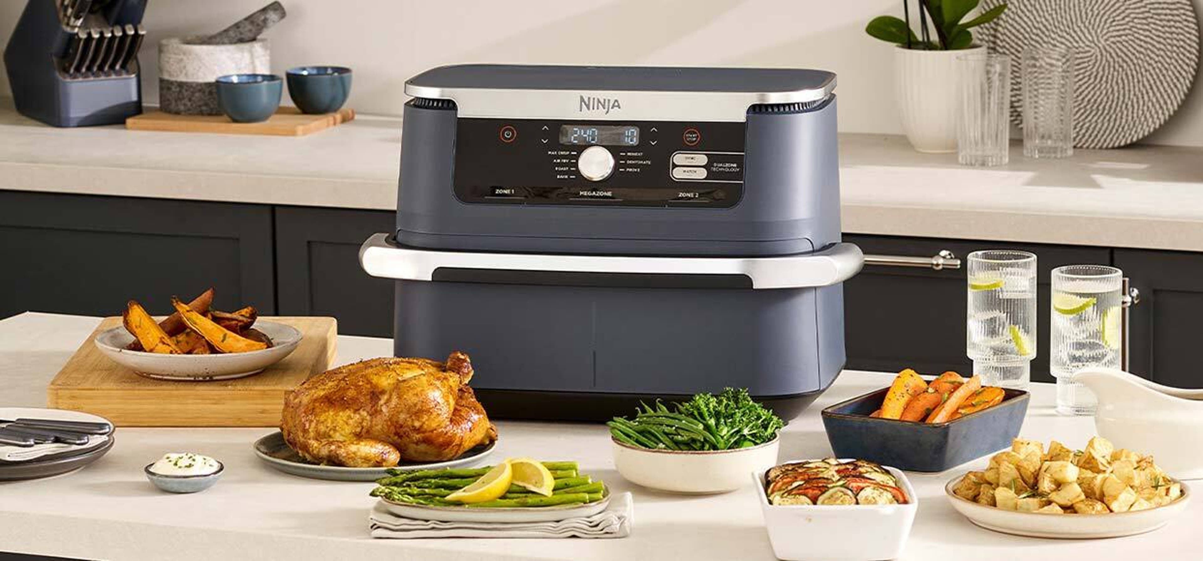 airfryer with food around it