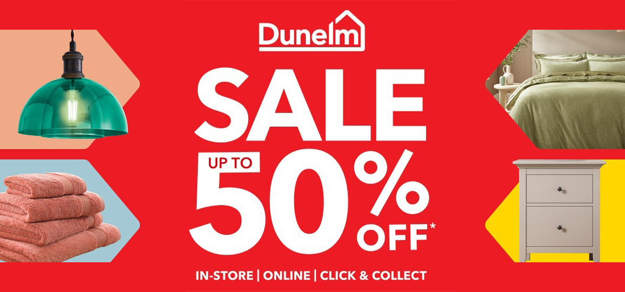  red background promoting 50% off sale with dunelm 