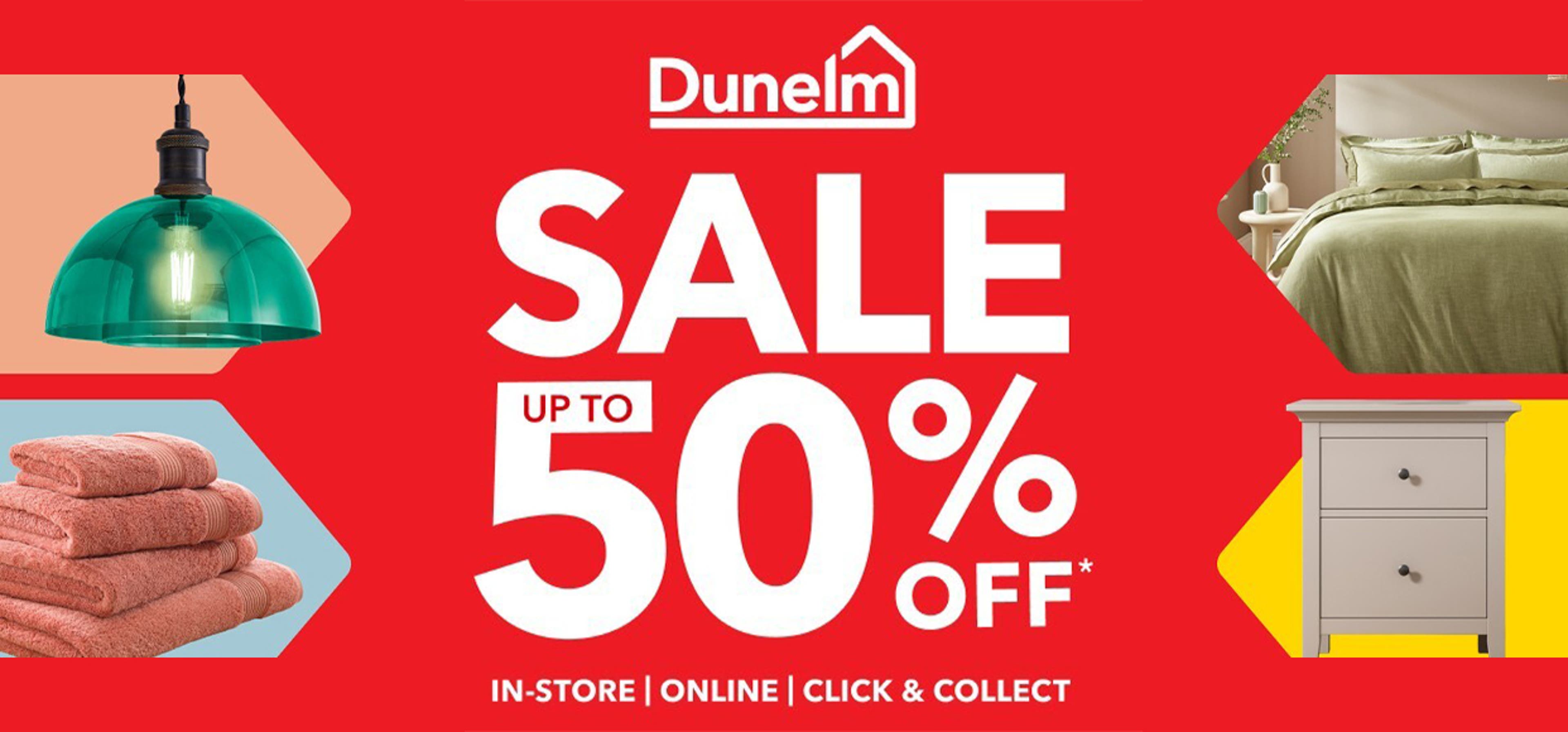red background promoting 50% off sale with dunelm
