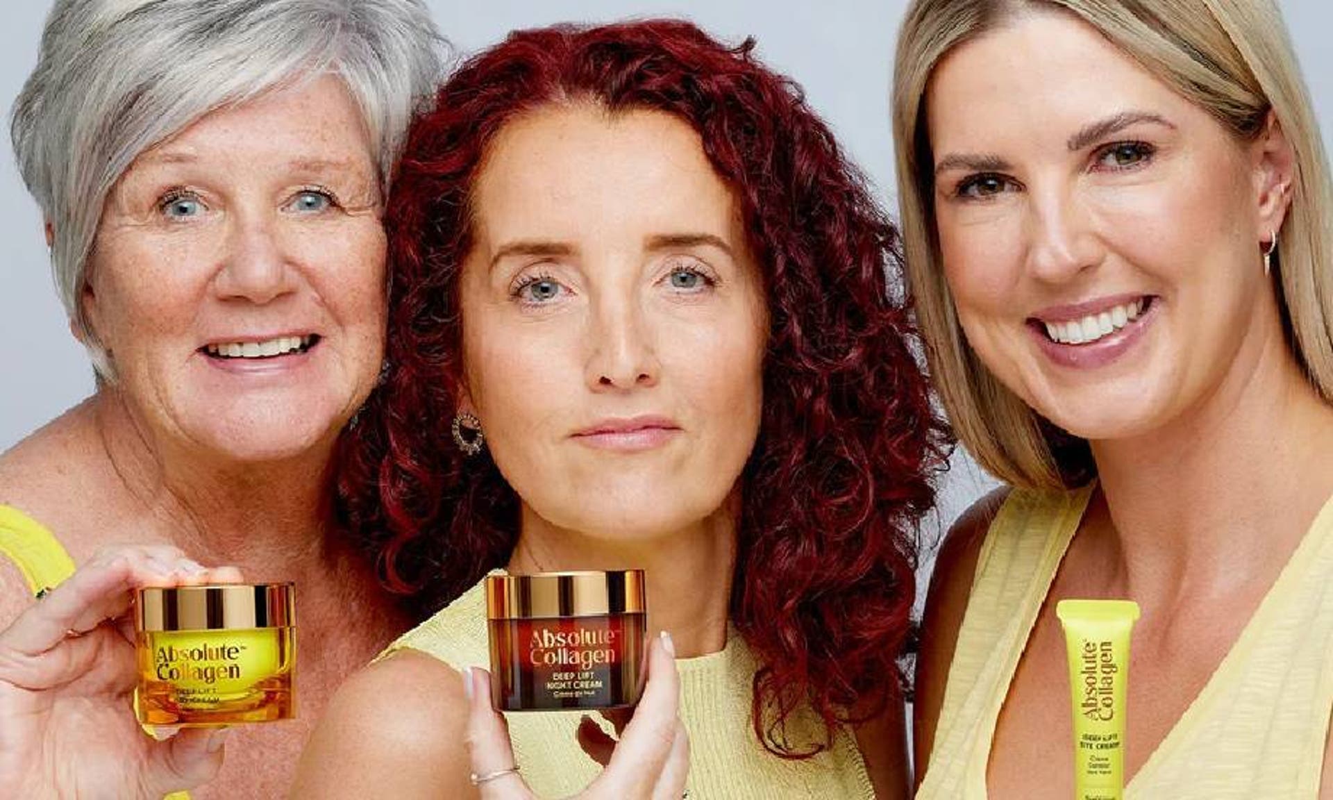  A close up of three women holding various products from Absolute Collagen, smiling. 
