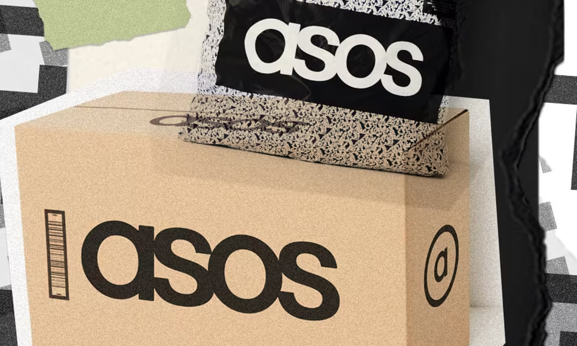  An ASOS parcel on top of an ASOS cardboard box against a digital collage background. 