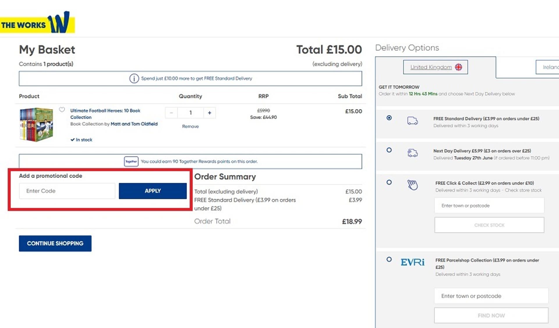  A screenshot of the 'My Basket' screen on the The Works website with the 'Add a promotional code' box and the 'Apply' button highlighted. 