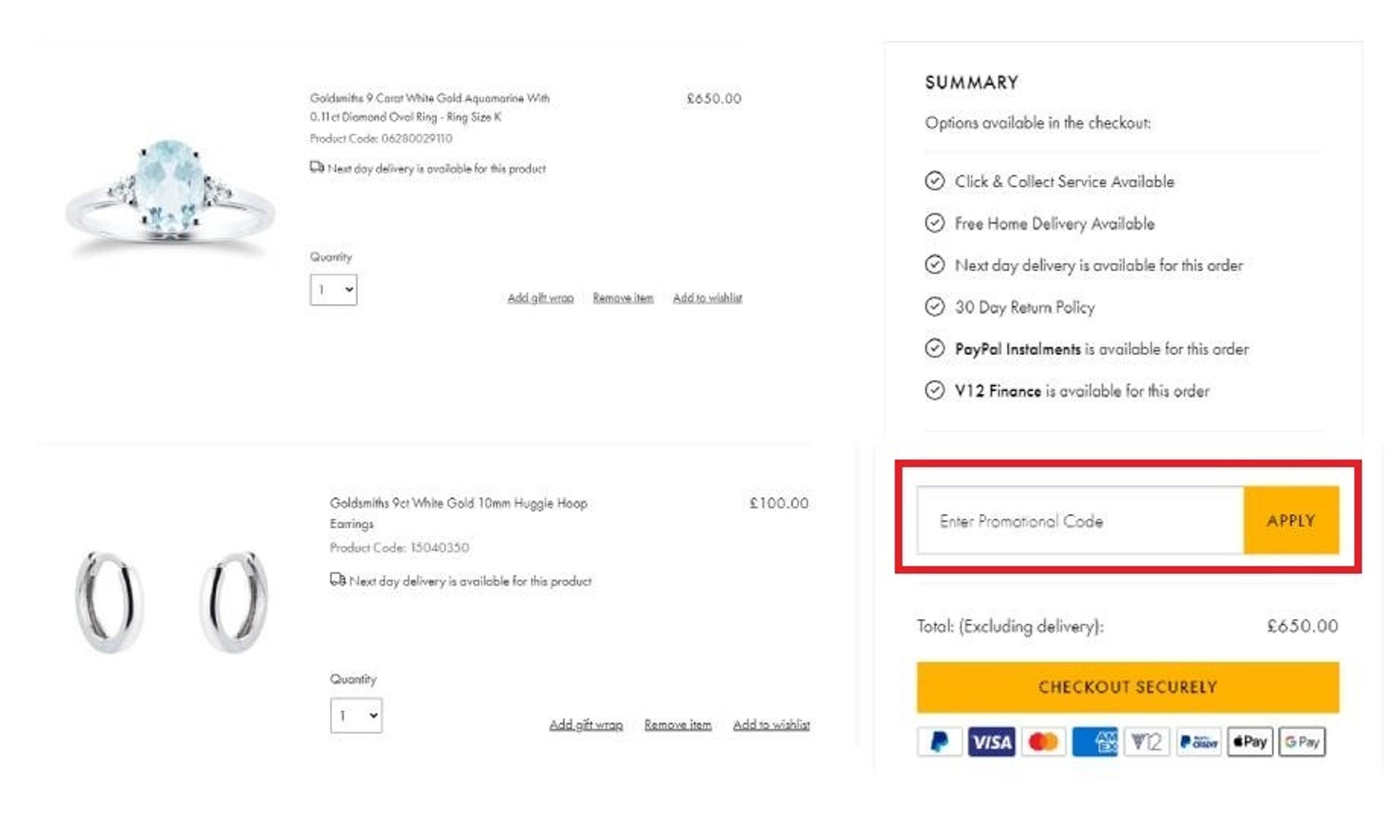  A screen grab of the checkout page of the Goldsmiths website with the promotional code box highlighted with a red box for instructional use. 