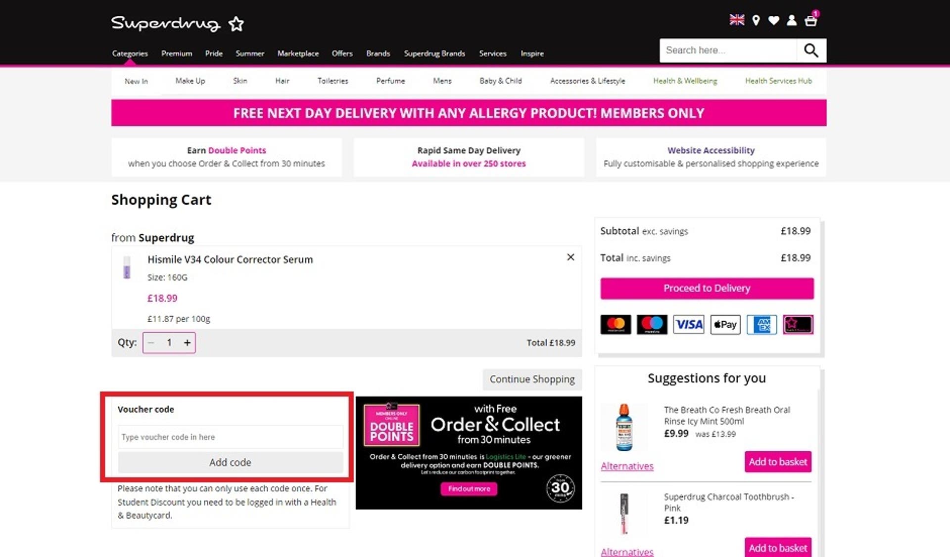 A screenshot of the shopping cart screen on the Superdrug website showing users where to enter their discount code with the 'Voucher Code' box and 'Add code' button highlighted. 