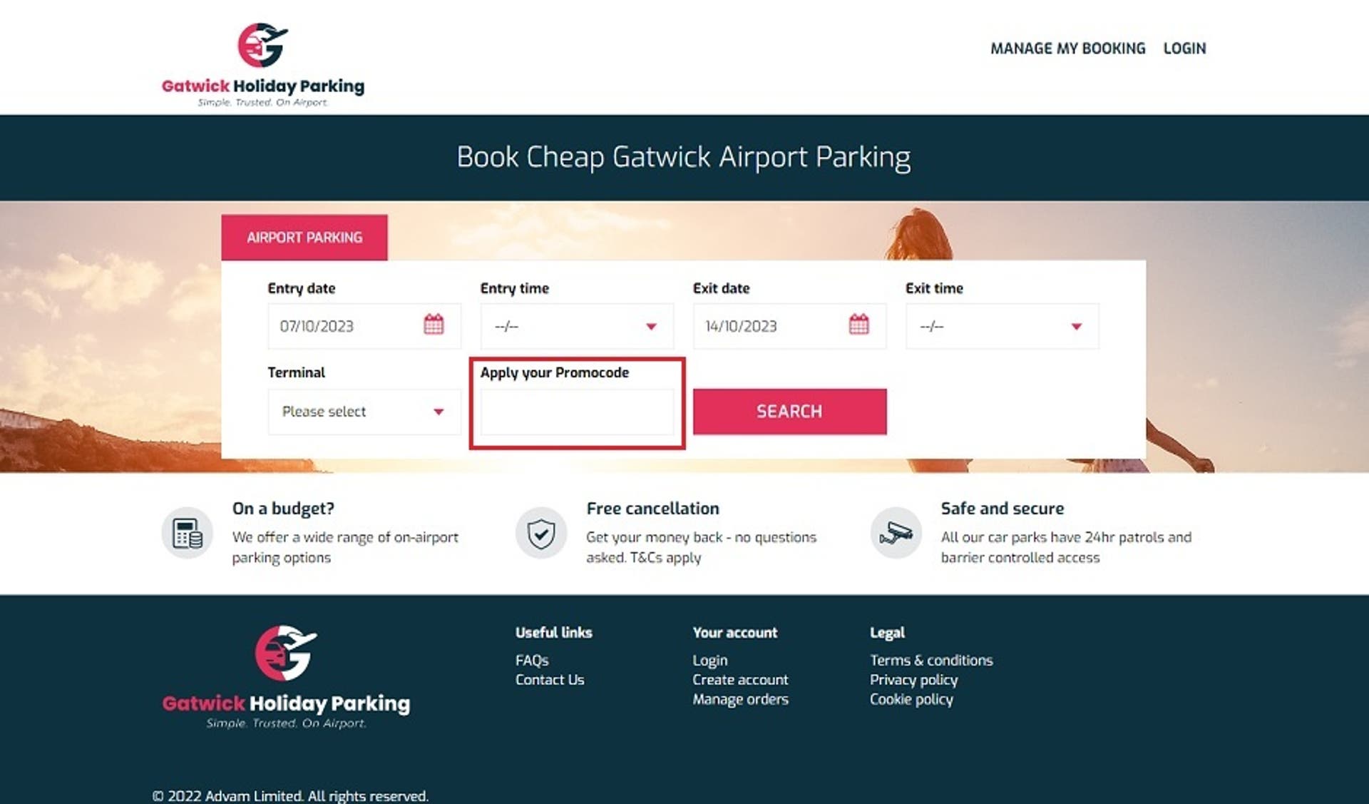  A screenshot of the Gatwick Holiday Parking website showing users how to use their discount code with the 'Apply your Promocode' box highlighted. 