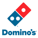 The Domino's logo consisting of a picture of a domino and the company name in blue and red on a white background.