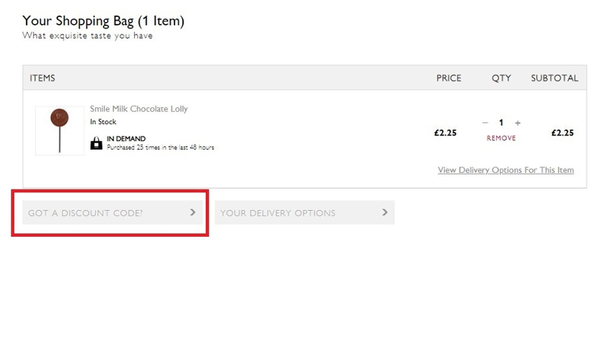  A screenshot of the Hotel Chocolat website showing where to enter a discount code when placing an order. 
