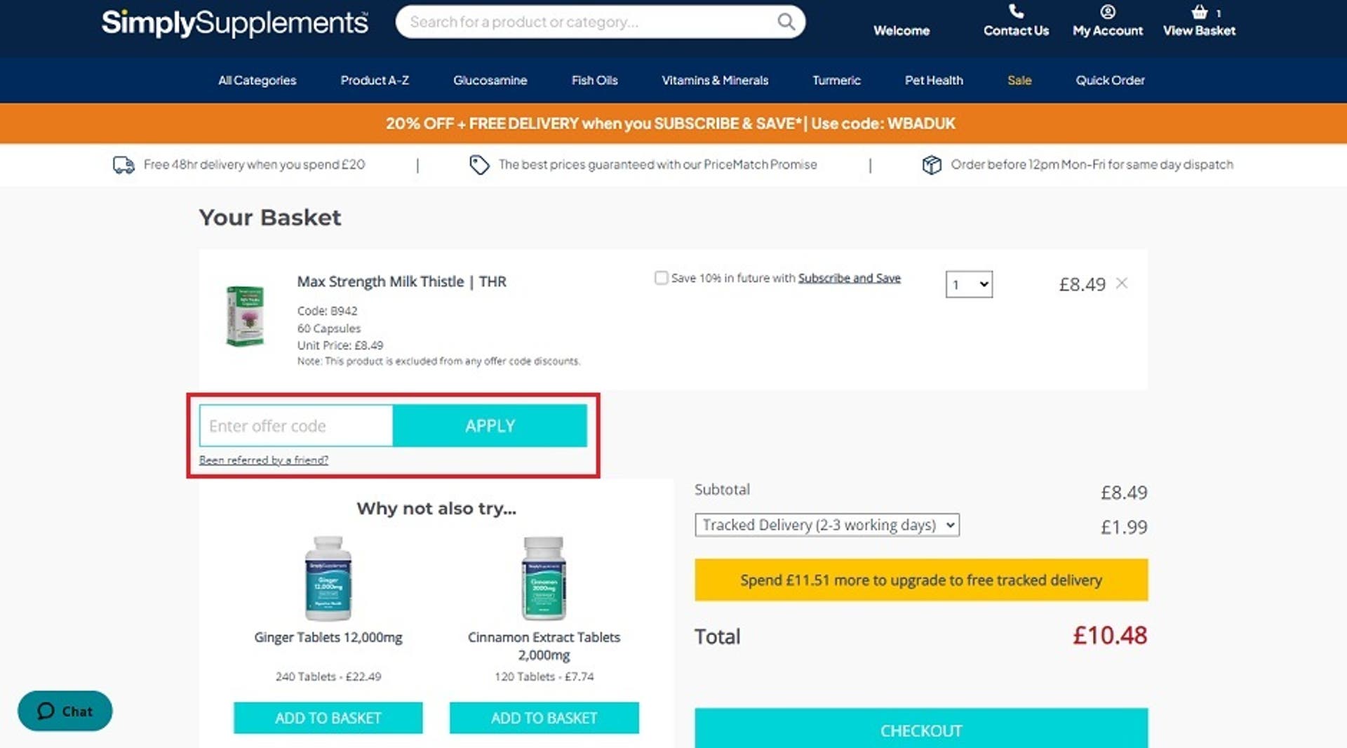  A screenshot of the Simply Supplements website showing users how to use their discount code with the 'Enter Offer Code' box highlighted. 