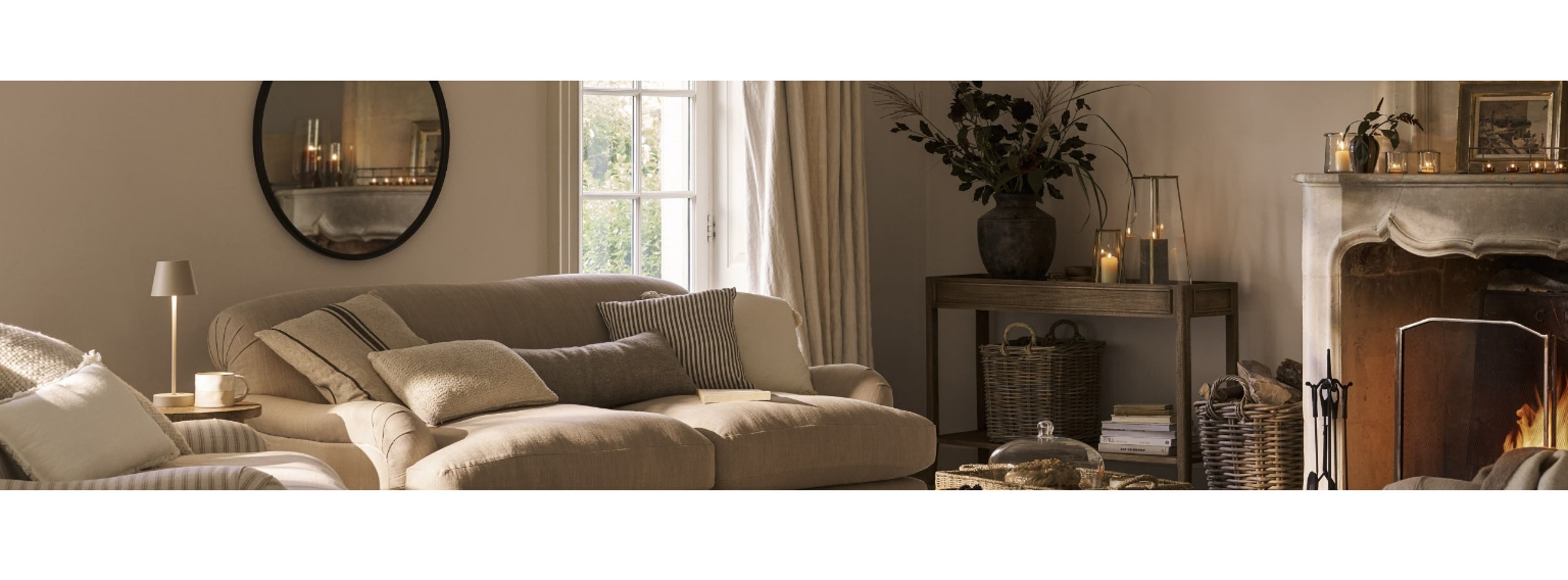Beige living room with a fireplace