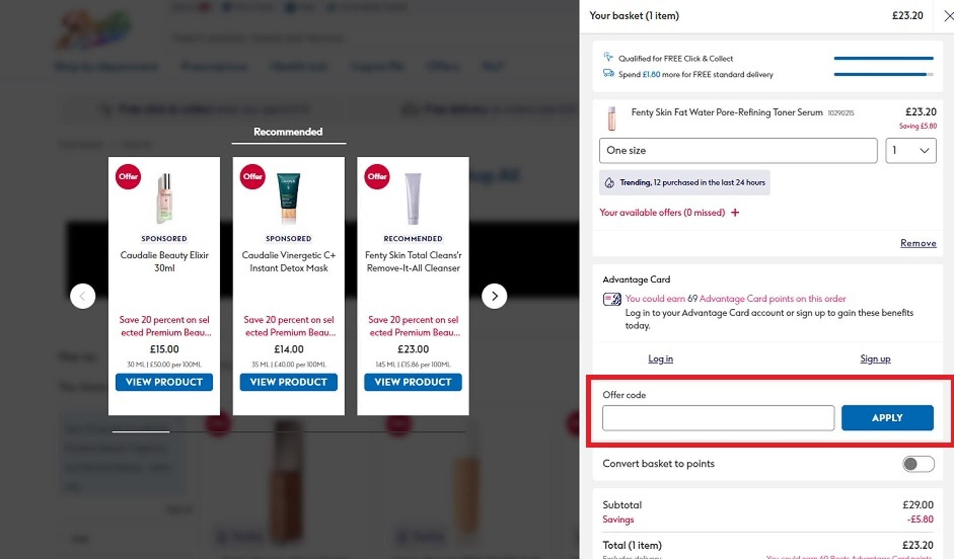  A screenshot of the 'Your Basket' screen on the Boots website showing users where to enter their discount codes with the 'Offer Code' box and 'Apply' button highlighted. 