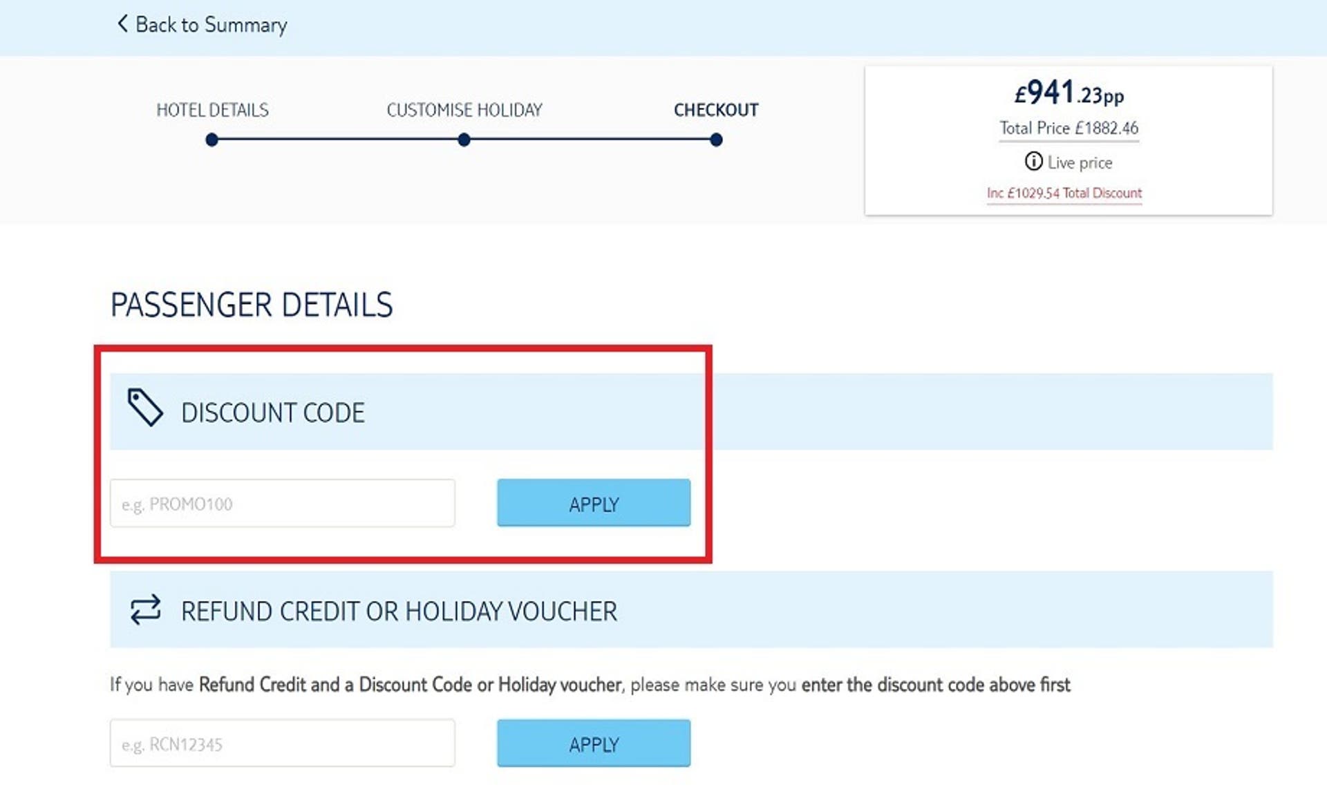  A screenshot of the TUI website showing users how to use their discount code with the 'Discount Code' box and 'Apply' button highlighted. 