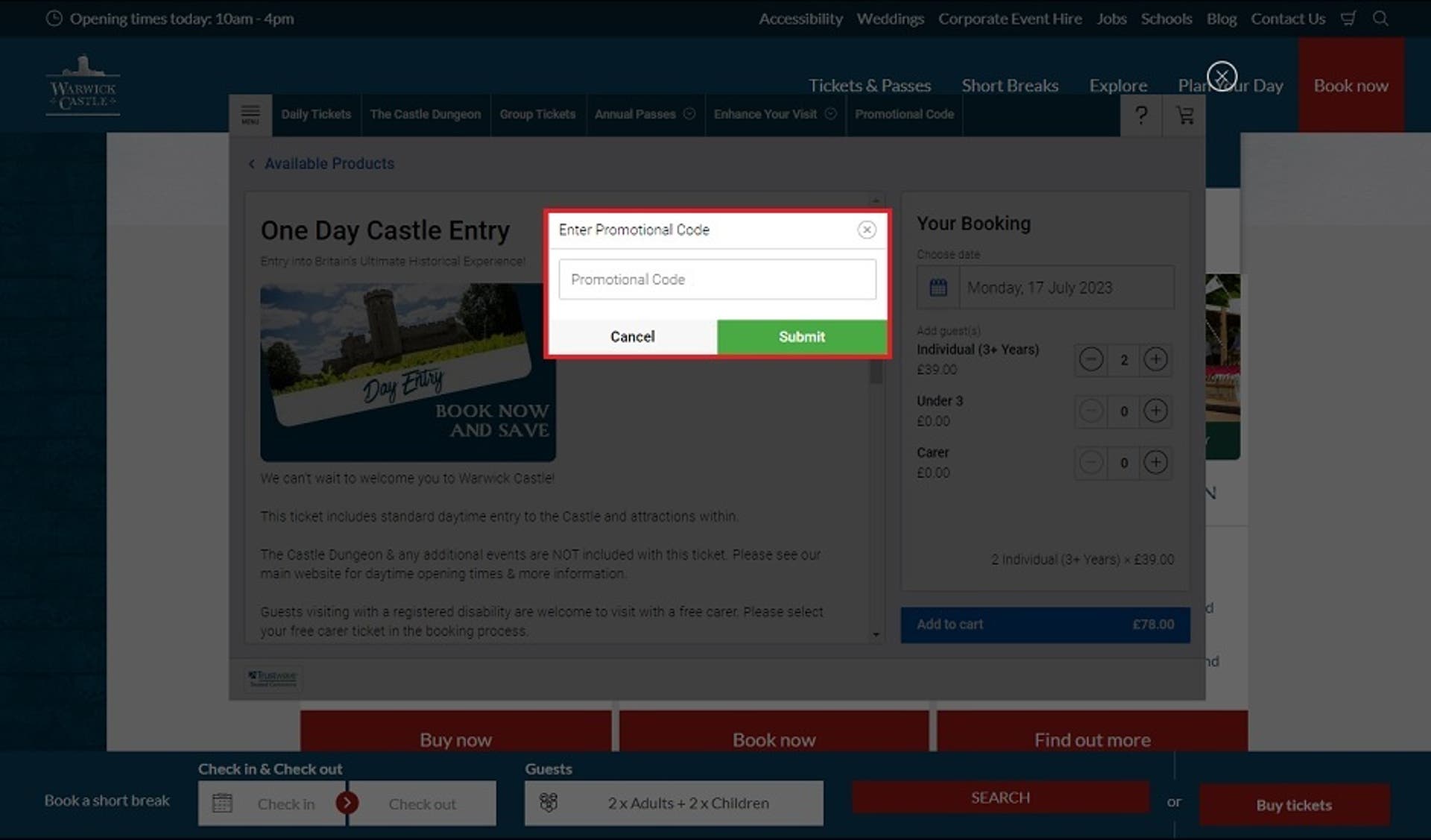  A screenshot of the Warwick Castle website showing users how to use their discount code with the 'Enter Promotional Code' box highlighted. 