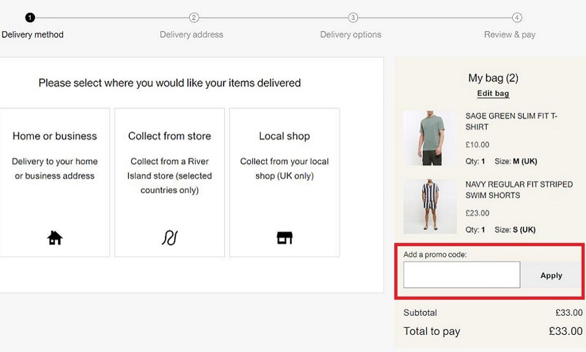 A screenshot of the River Island website showing users how to use their discount code with the 'Add a promo code' box highlighted. 