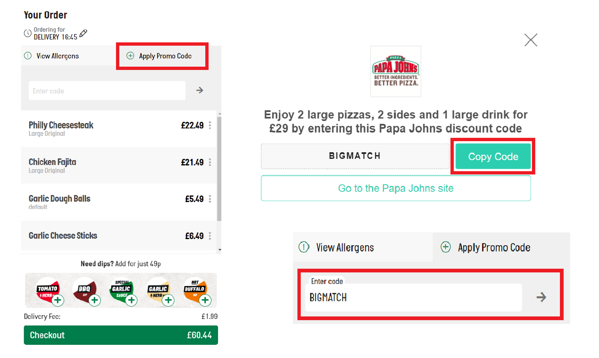  An image displaying the location of the Papa Johns promo code on MyVoucherCodes, and where to input it on the Papa Johns website for a discount. 