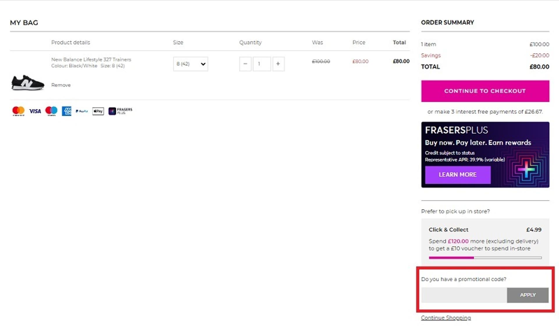  A screenshot of the House of Fraser website showing users how to use their discount code with the 'Do you have a promotional code?' box highlighted. 