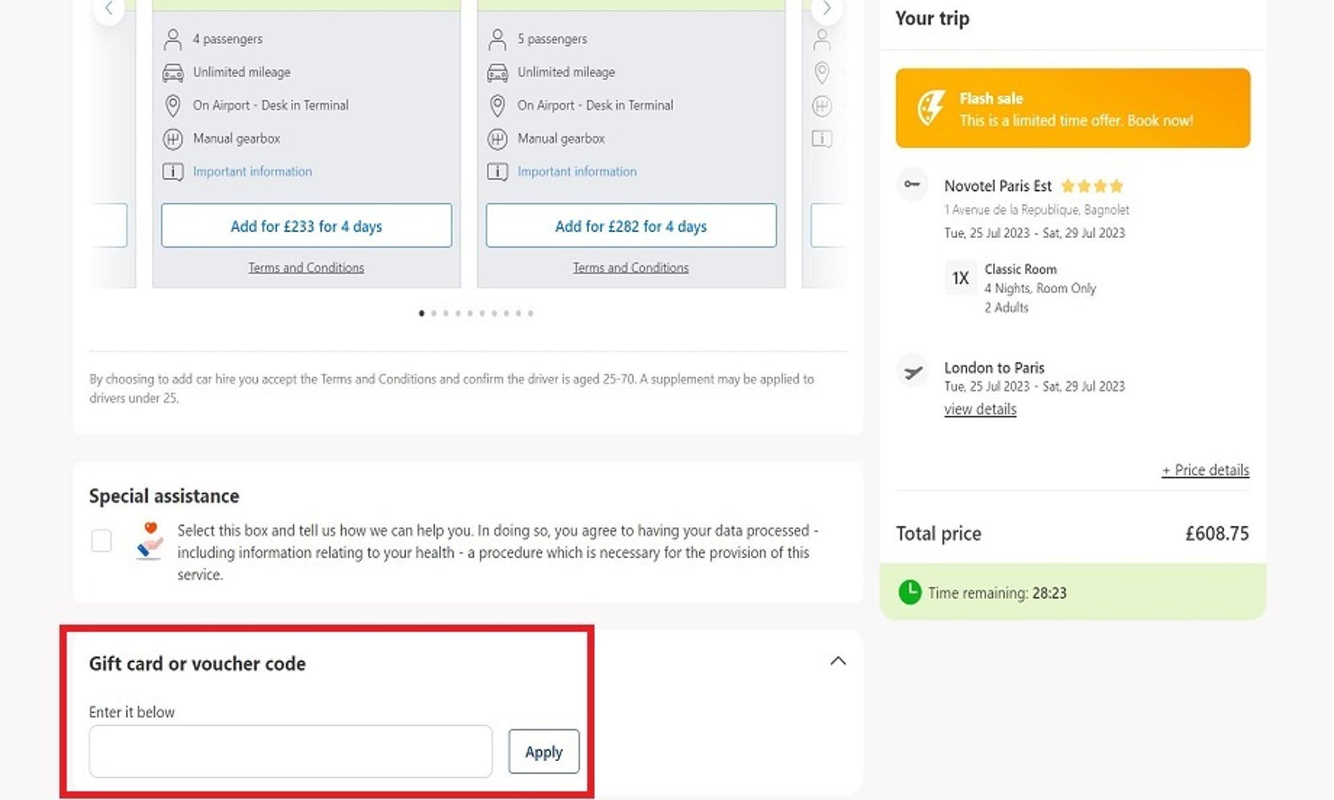  A screenshot of the Booking.com website showing users how to use their promo code with the 'Gift card or voucher code' highlighted. 