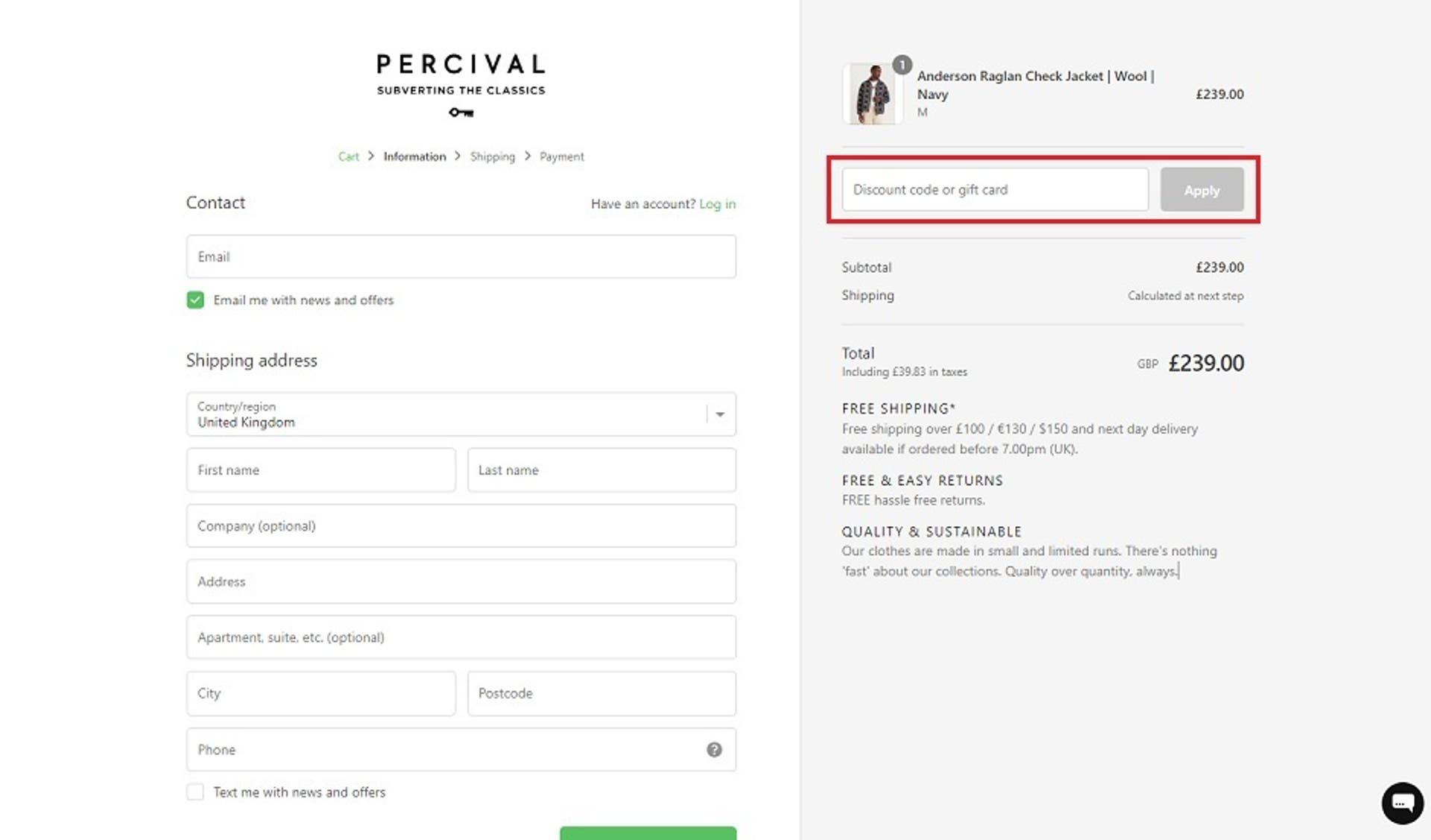 A screenshot of the Percival website showing users how to enter their discount code with the 'Discount code or gift card' box and 'Apply' button highlighted. 