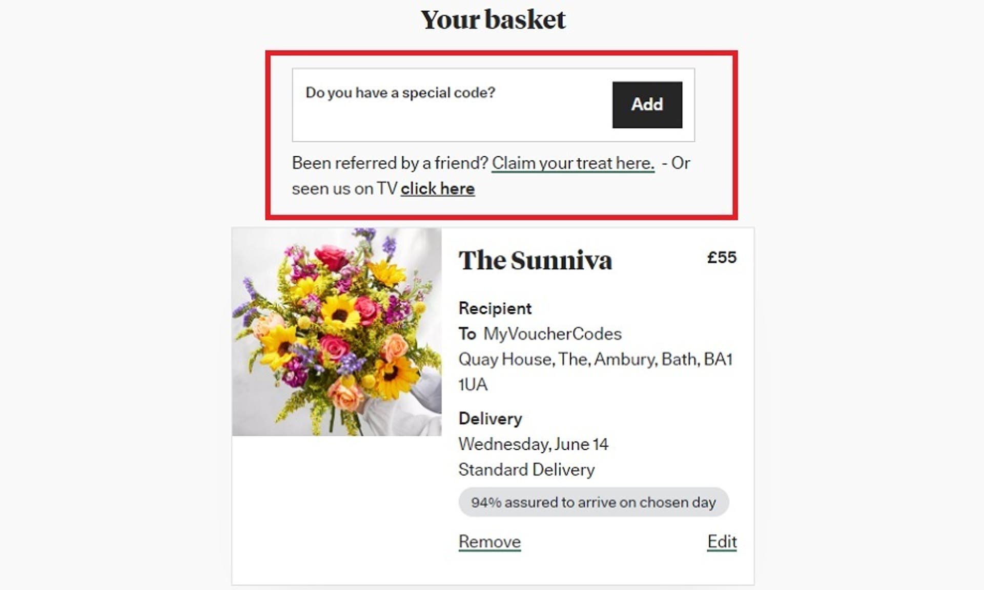  A screenshot of the Bloom & Wild checkout screen showing users where to enter their discount code with the 'Do you have a special code?' box and 'Add' button highlighted. 