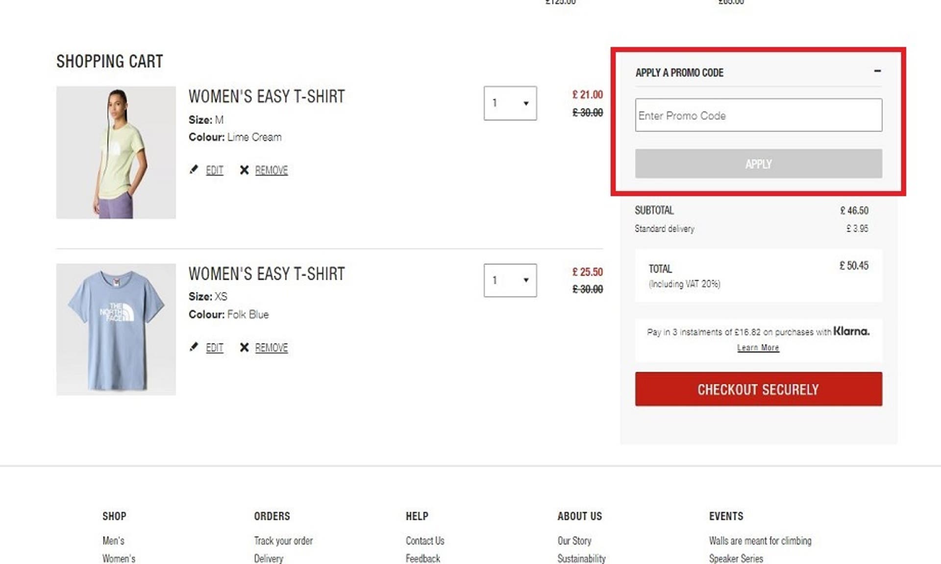  A screenshot of The North Face's website showing users how to use their discount code with the 'Apply A Promo Code' box and the 'Apply' button highlighted. 
