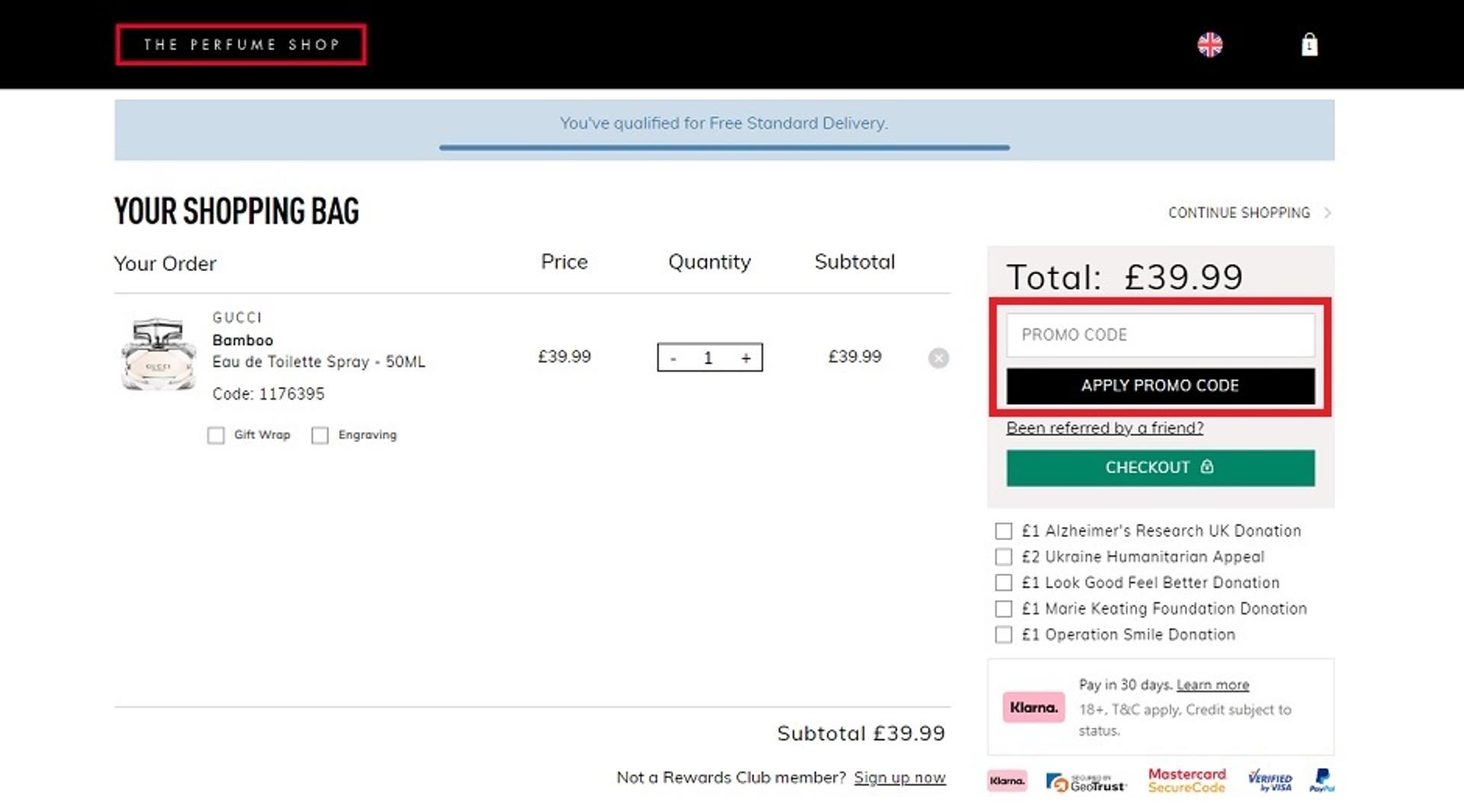  A screenshot of the 'Your Shopping Basket' page on The Perfume Shop's website showing where to enter a discount code with the 'Promo Code' box and 'Apply Promo Code' button highlighted. 