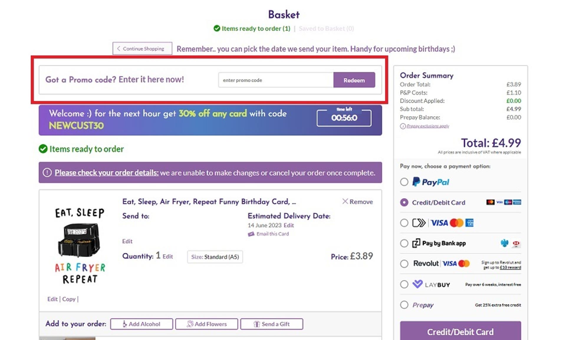  A screenshot of the Funky Pigeon website showing users how to use their discount code with the 'Got a promo code? Enter it here now' box highlighted. 
