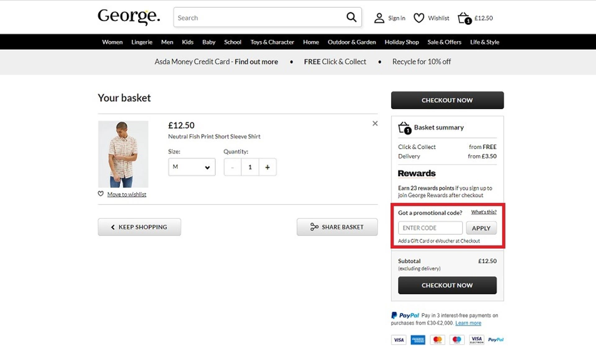  A screenshot of the 'Your Basket' screen on the ASDA George website showing users where to enter their discount code with the 'Got a Promotional Code?' box and 'Apply' button highlighted. 