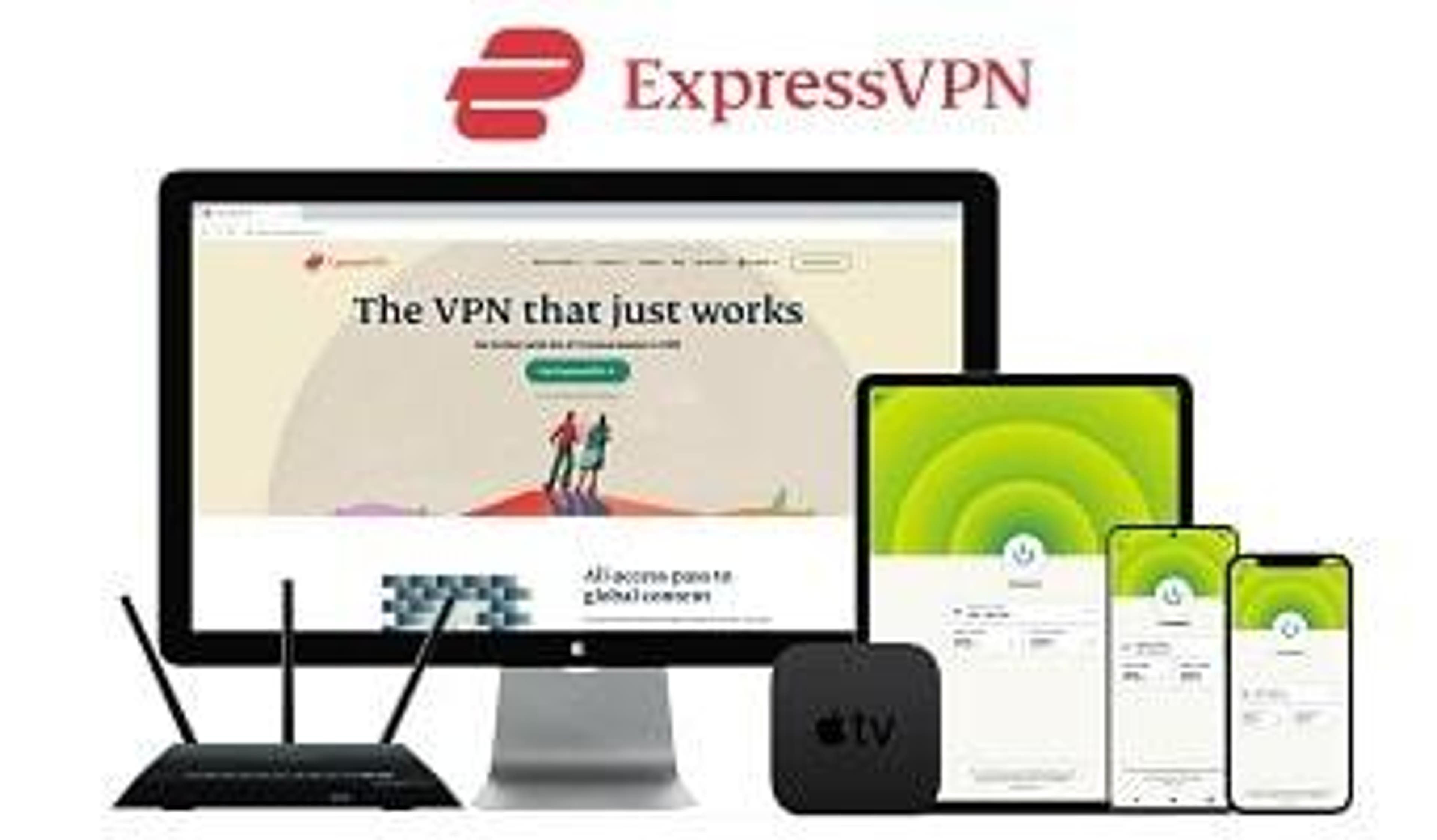  A Mac, tablet, Apple & Android Smartphone with ExpressVPN open besides a TV Box, Internet Router & the ExpressVPN logo 