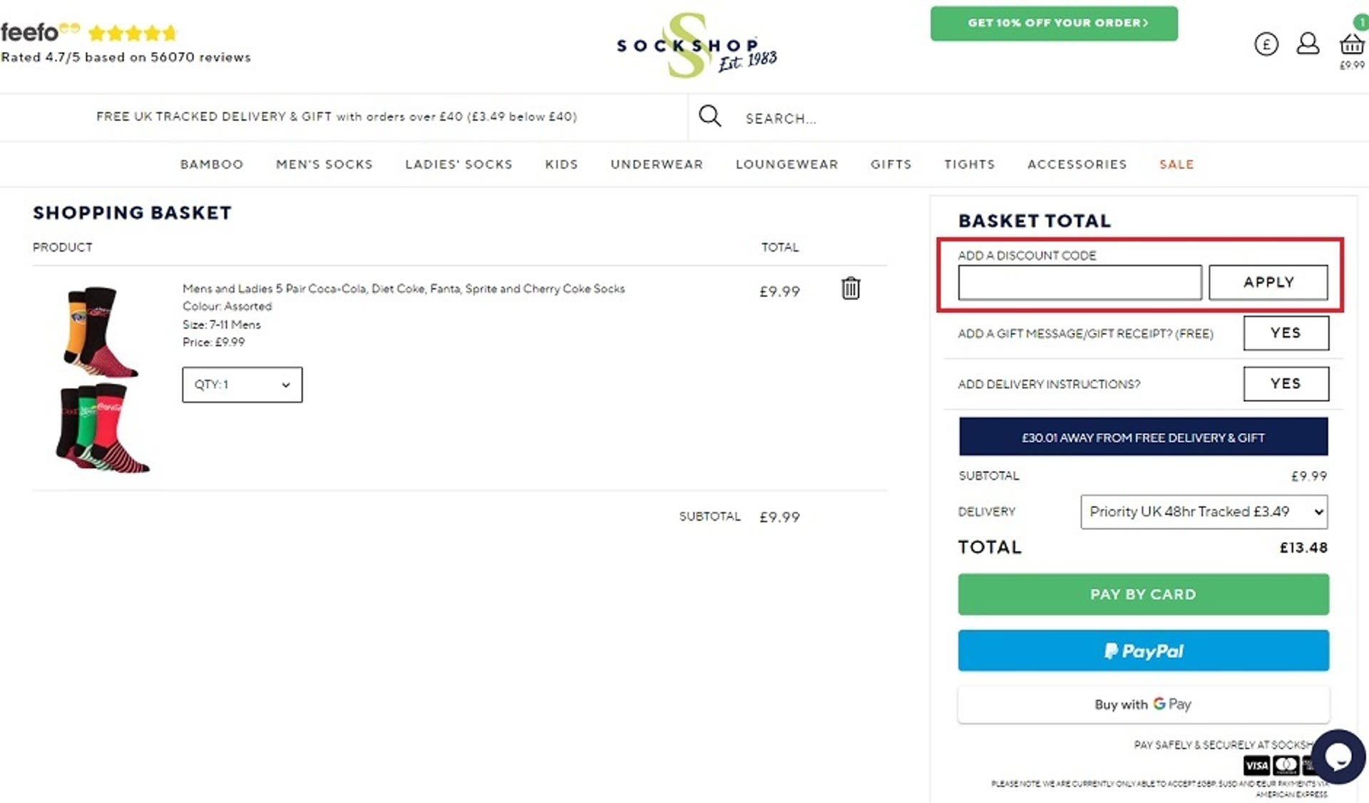  A screenshot of the SOCKSHOP website showing users how to use their discount code with the 'Add a Discount Code' box and 'Apply' button highlighted. 