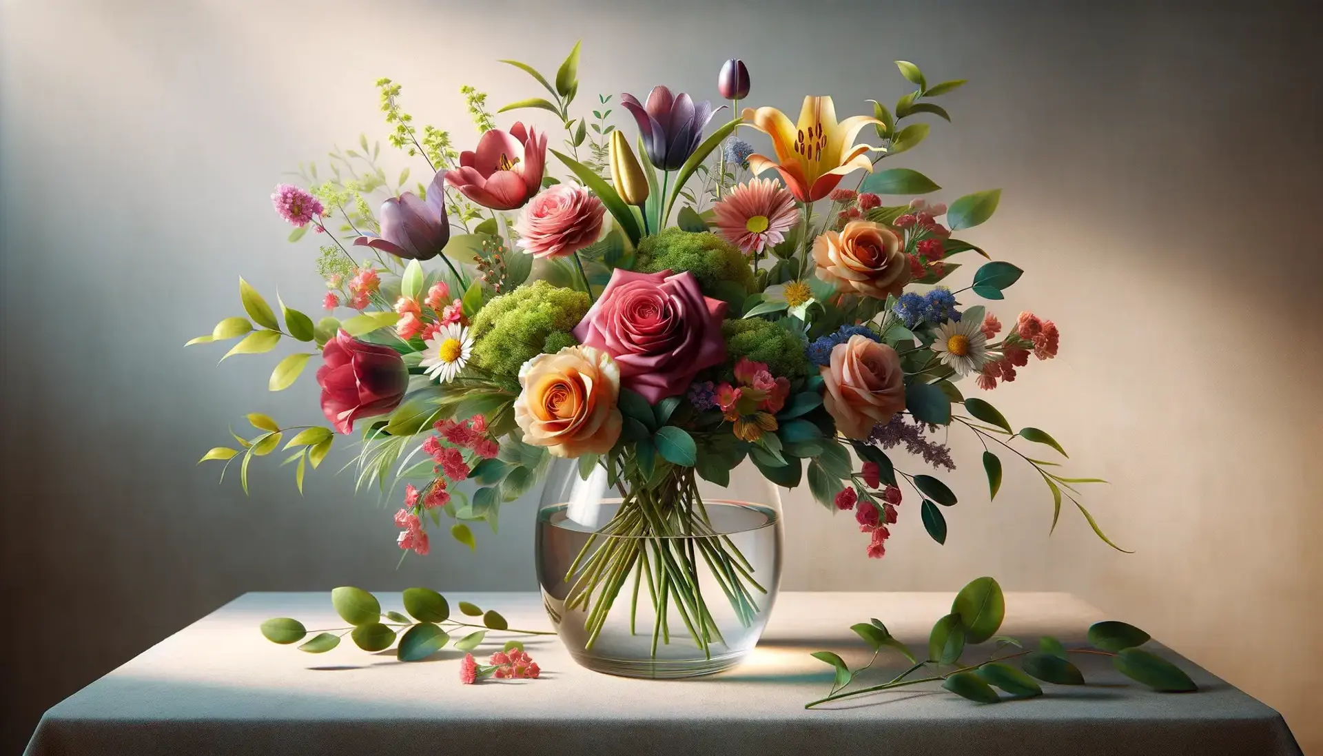  A stunning arrangement of vibrant flowers in a transparent glass vase, set against a soft, neutral background. 