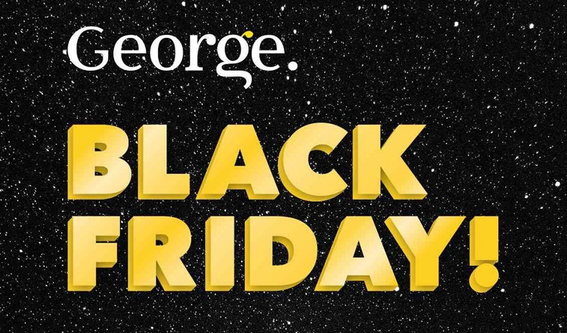  A digital illustration of the words 'George' and 'Black Friday' on a black background with stars. 