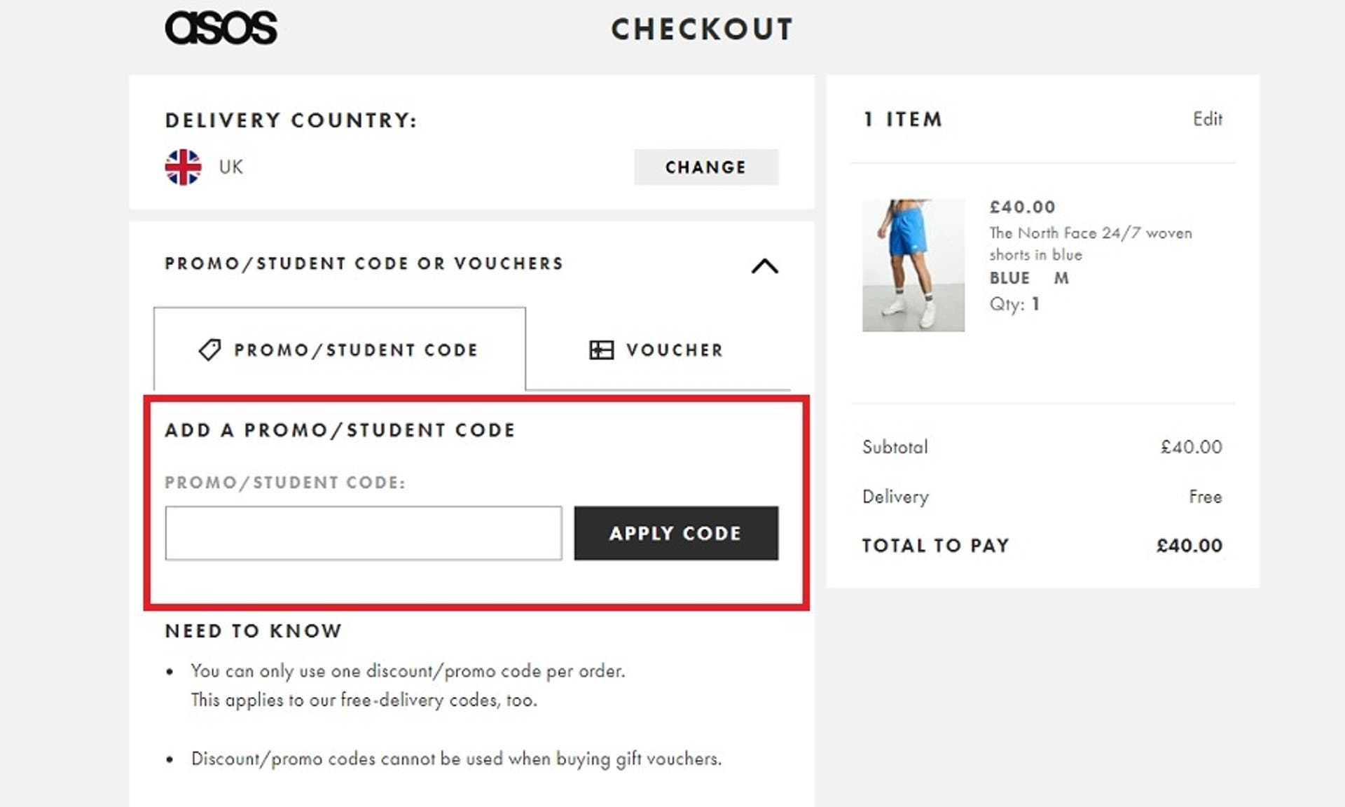  A screenshot of the ASOS checkout screen showing users how to use their discount code with the 'Add a Promo/Student Code' box and 'Apply Code' button highlighted. 