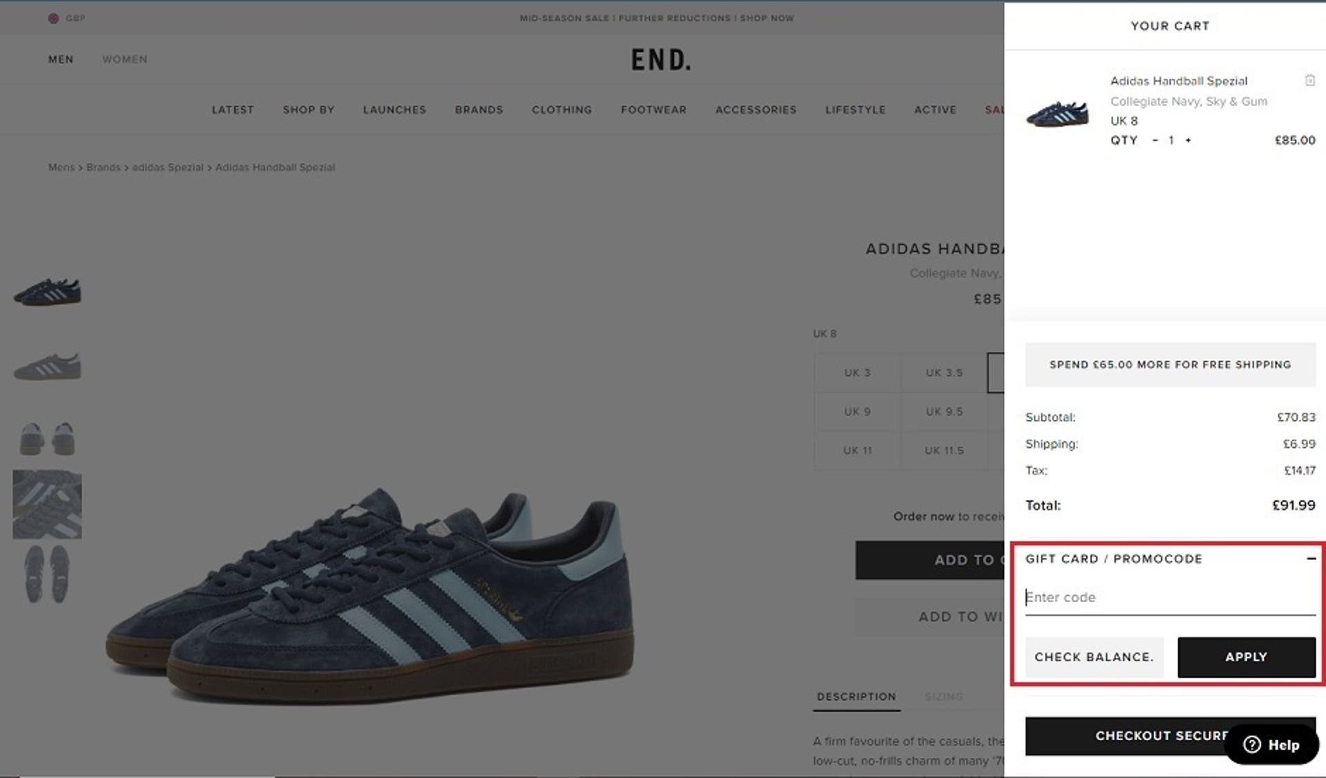  A screenshot of the END Clothing website showing users how to enter their discount code with the 'Gift Card/Promo code' box and 'Apply' button highlighted. 