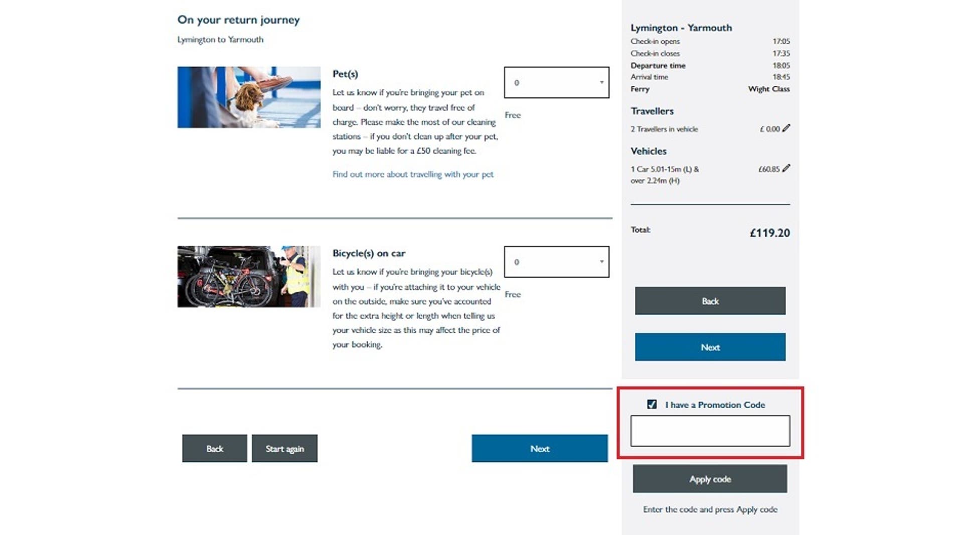  A screenshot of the Wightlink website showing users how to user their discount code with the 'I have a Promotion Code' box highlighted. 