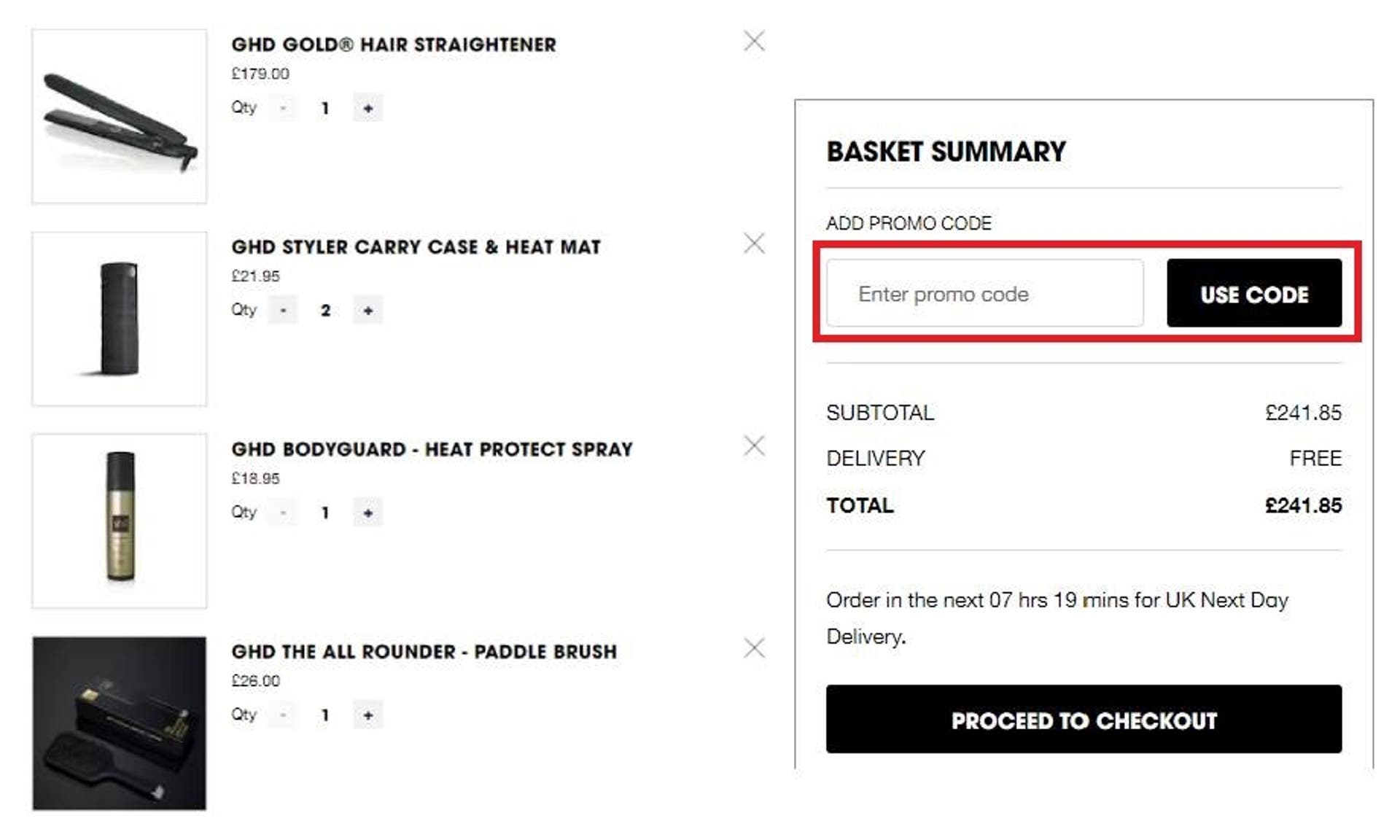  A screen grab of the checkout page of the ghd website with the promotional code box highlighted in red for instructional use. 
