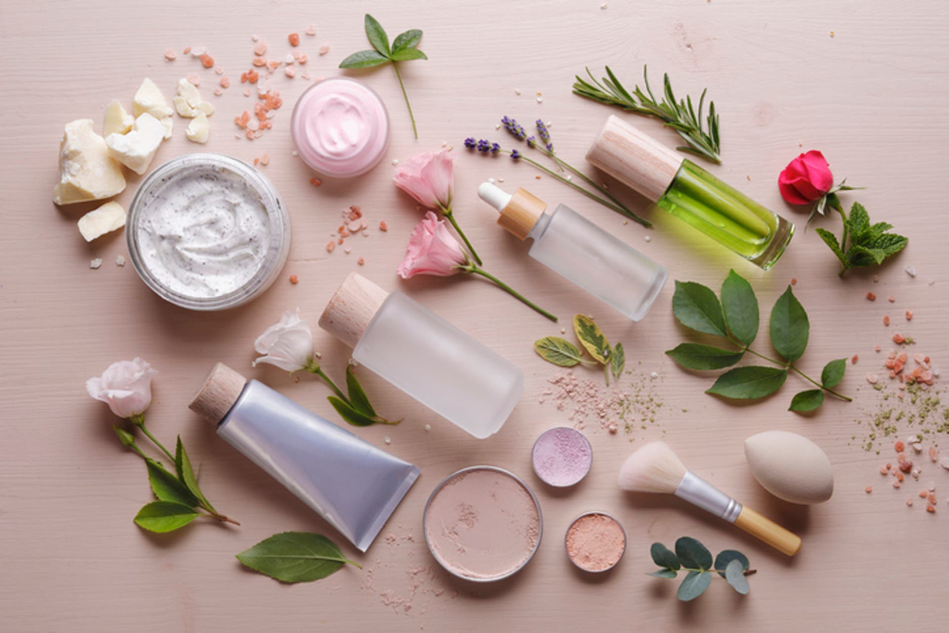  Zero waste and organic beauty products with leaves and flowers 