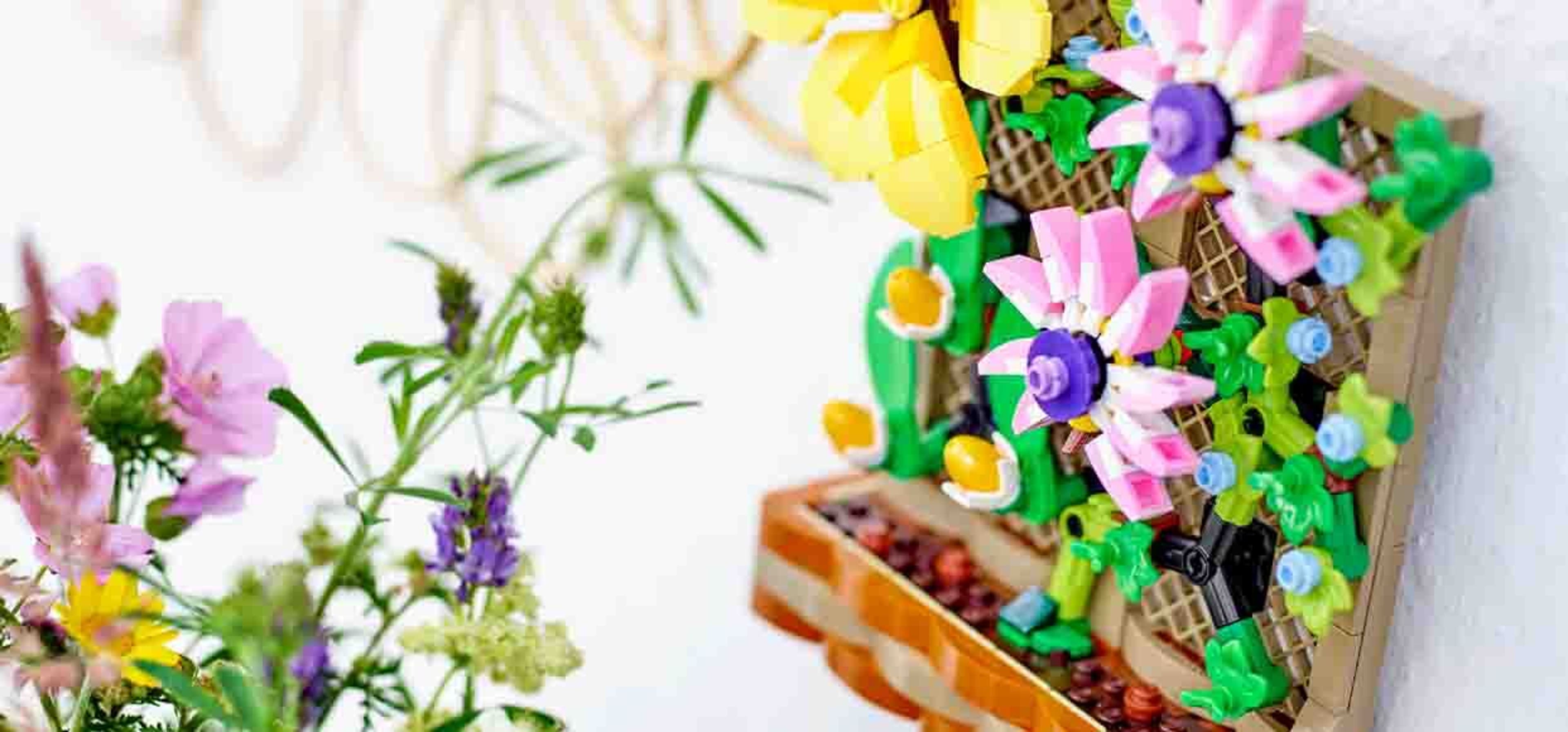 lego flowers in a basket outside in garden