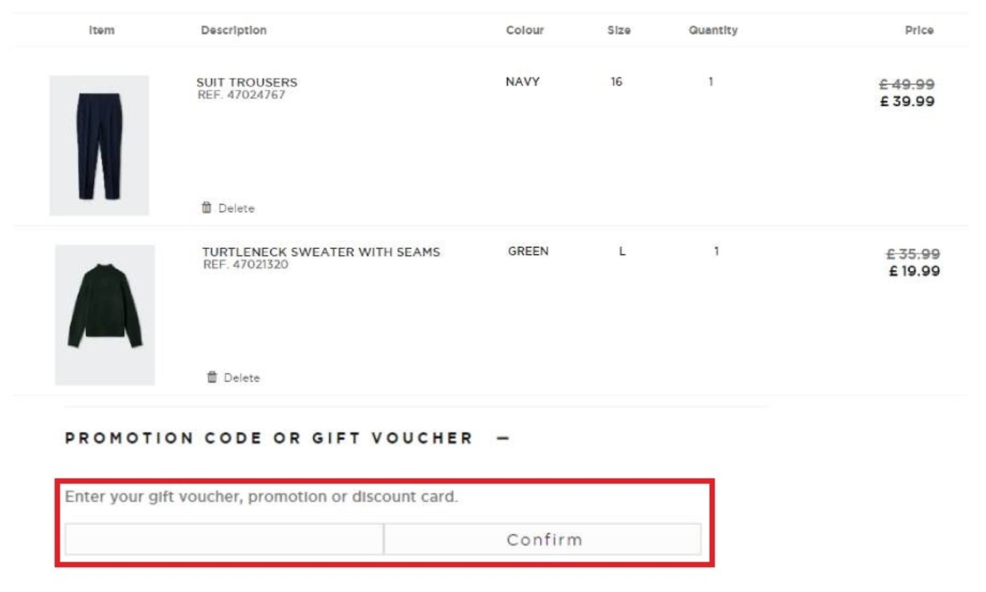  A screen grab of the Mango checkout page with the promotional code box highlighted with a red box for instructional use. 
