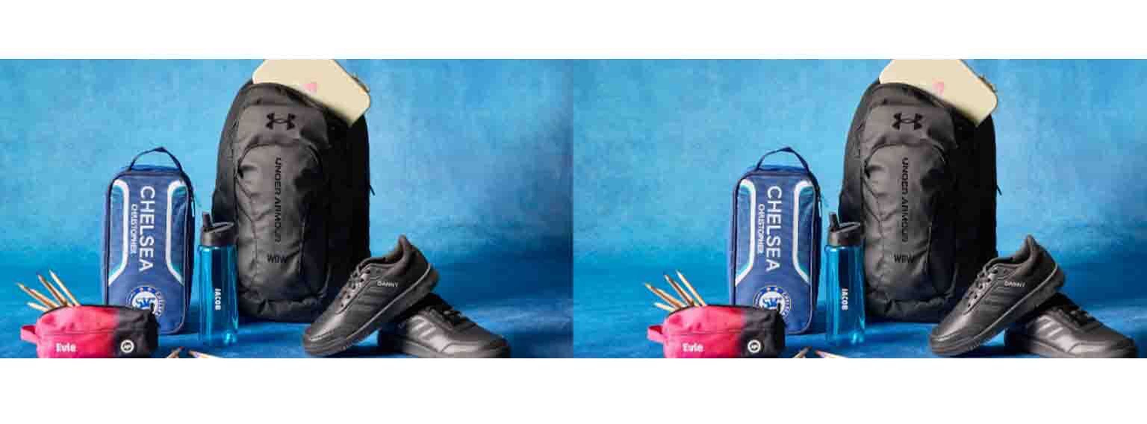 Blue background with sports equipment and clothing in centre