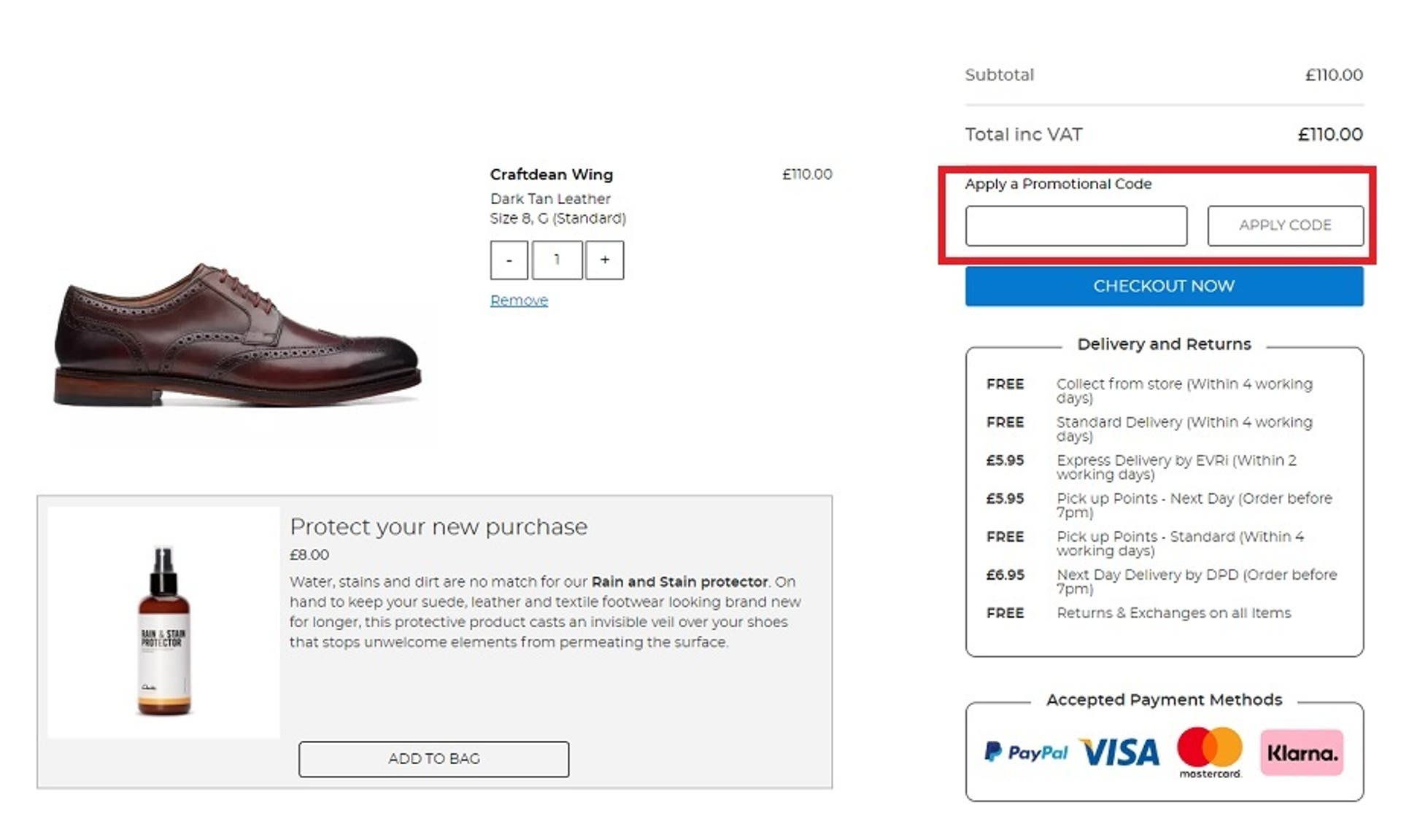  A screenshot of the Clarks website showing users how to use a Clarks discount code with the 'Apply a Promotional Code' box highlighted. 