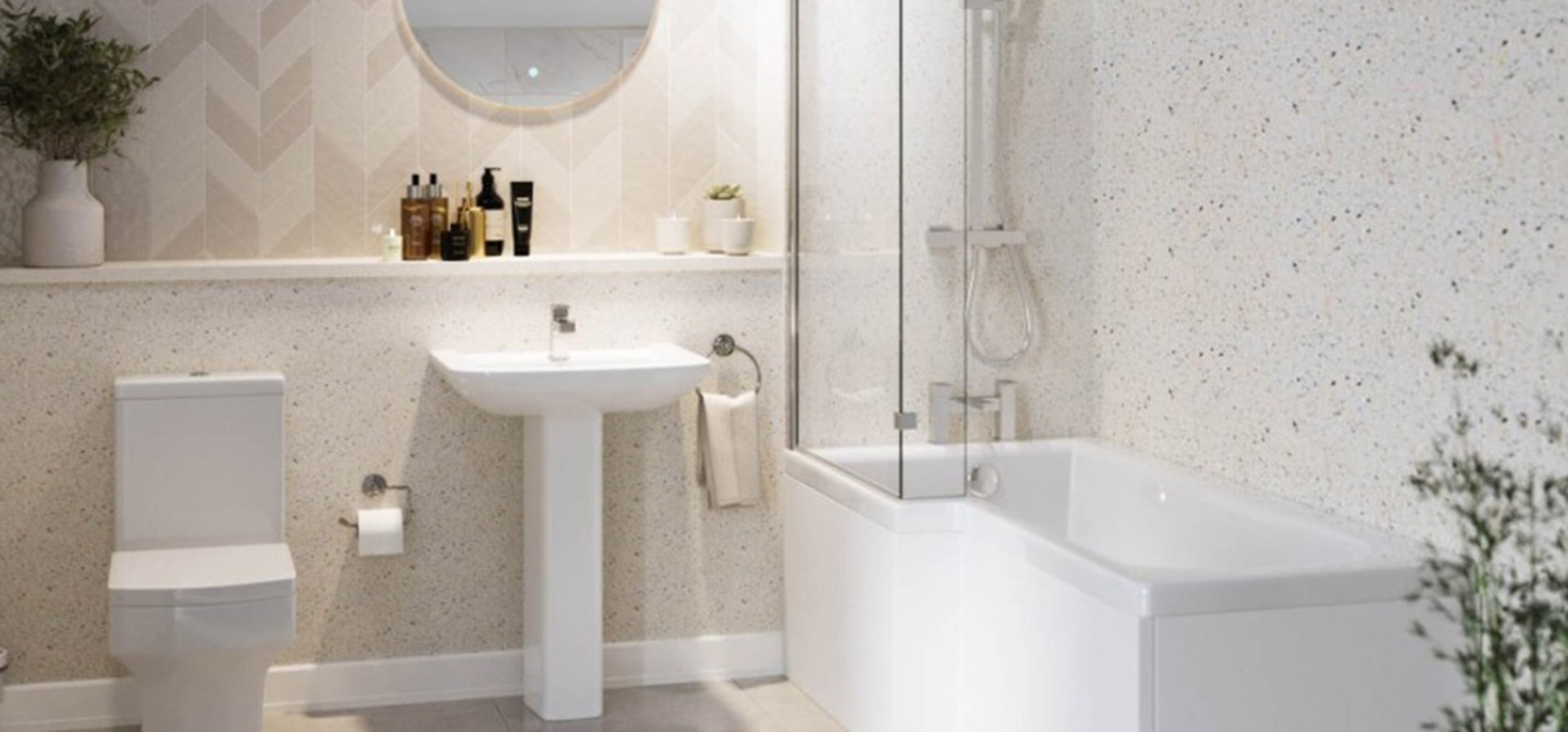 Picture of a White Bathroom highlighting the remodel showcasing the sink, the bathtub and shower, as well as some green plants accents