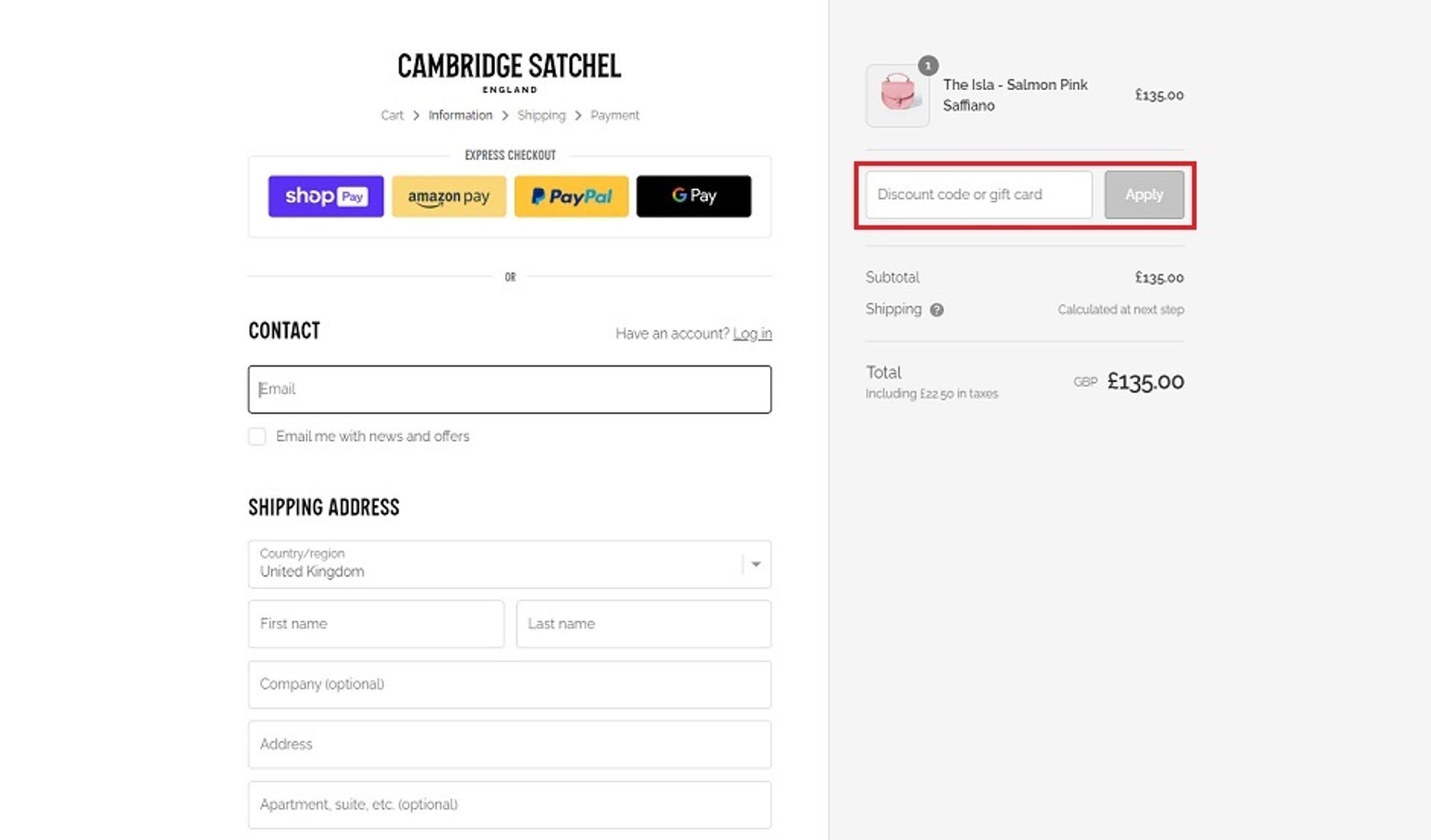  A screenshot of the Cambridge Satchel website showing users how to use their discount codes with the 'Discount code or gift card' box highlighted. 