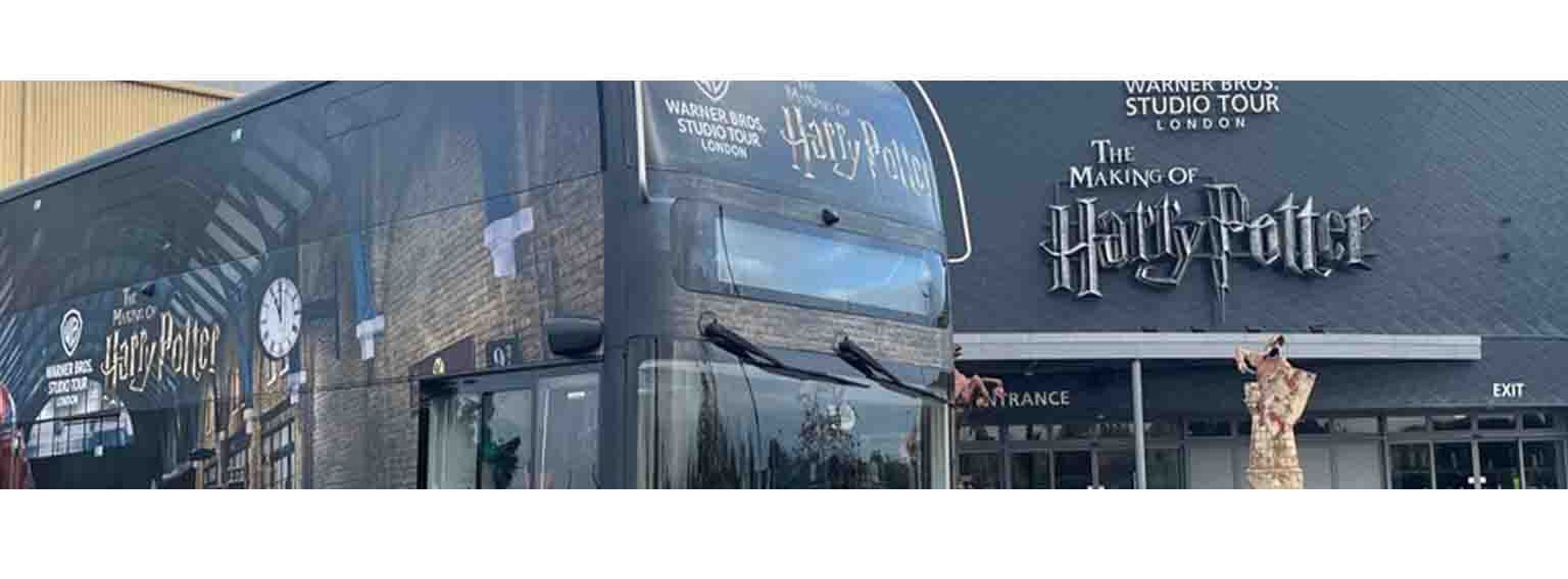 picture of a harry potter tour bus outside harry potter studios