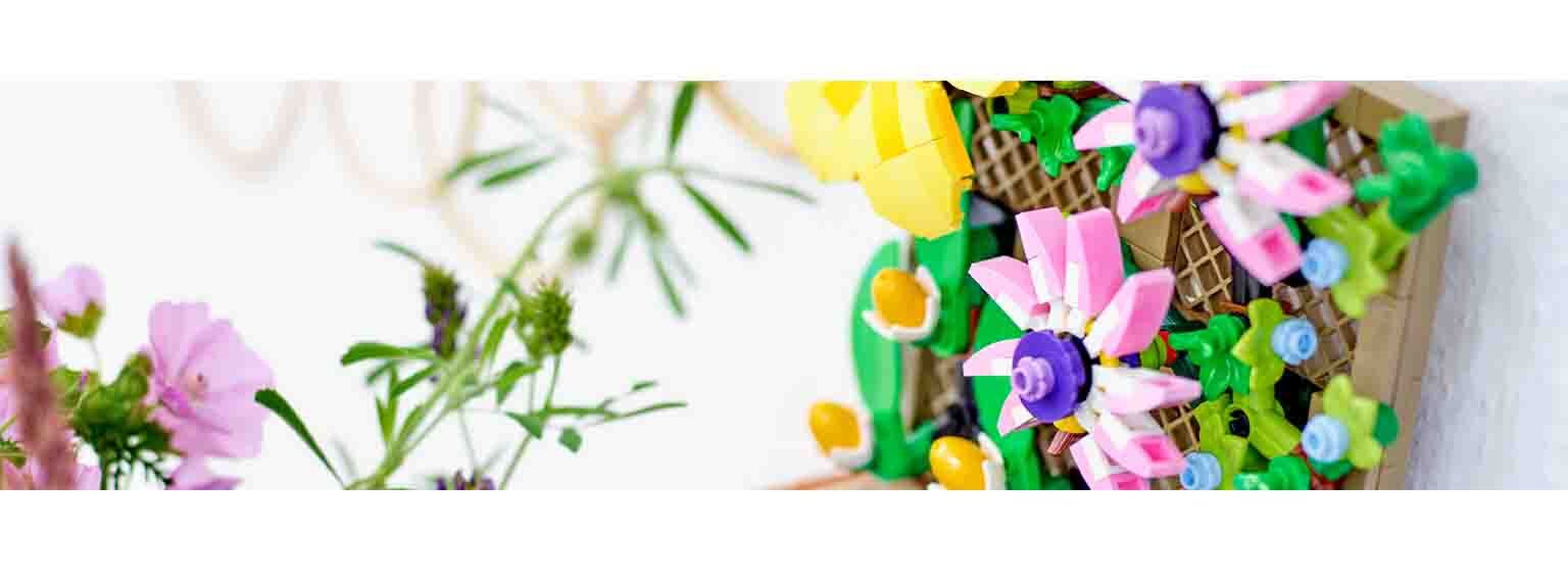 lego flowers in a basket outside in garden