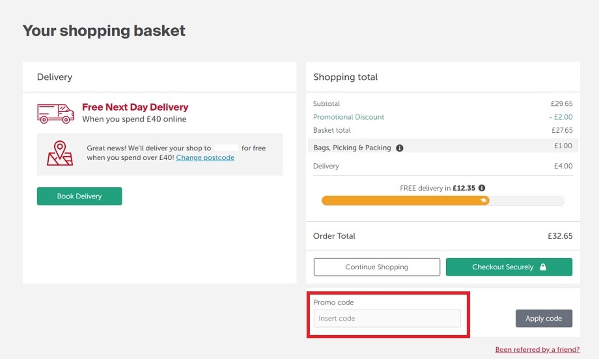  A screenshot of the Iceland website on the checkout screen showing users how to use their discount code with the 'Promo Code' box highlighted by a red rectangle. 