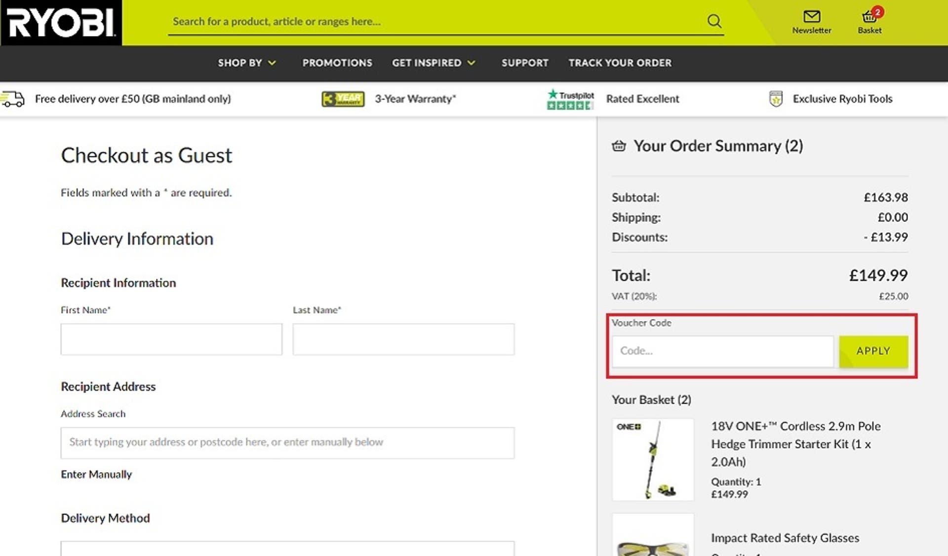  A screenshot of the 'Checkout' screen on the Ryobi website showing users how to use their Ryobi discount code with the 'voucher code' box and 'apply' button highlighted. 