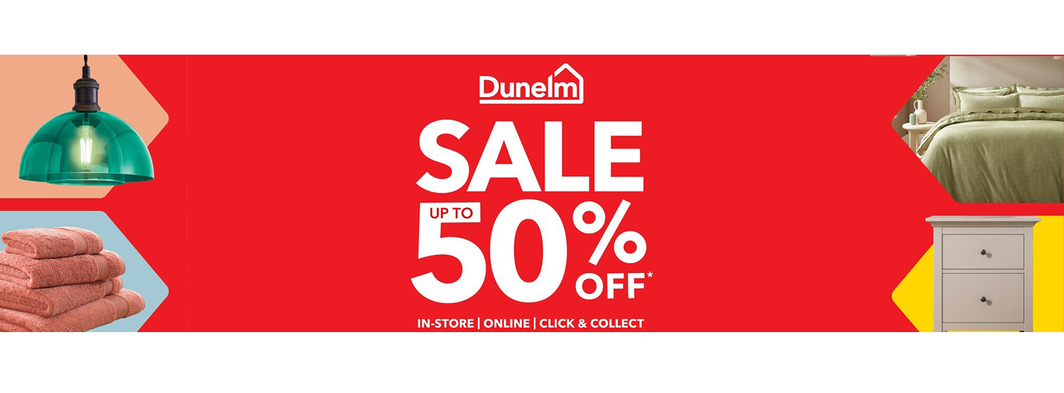  red background promoting 50% off sale with dunelm 