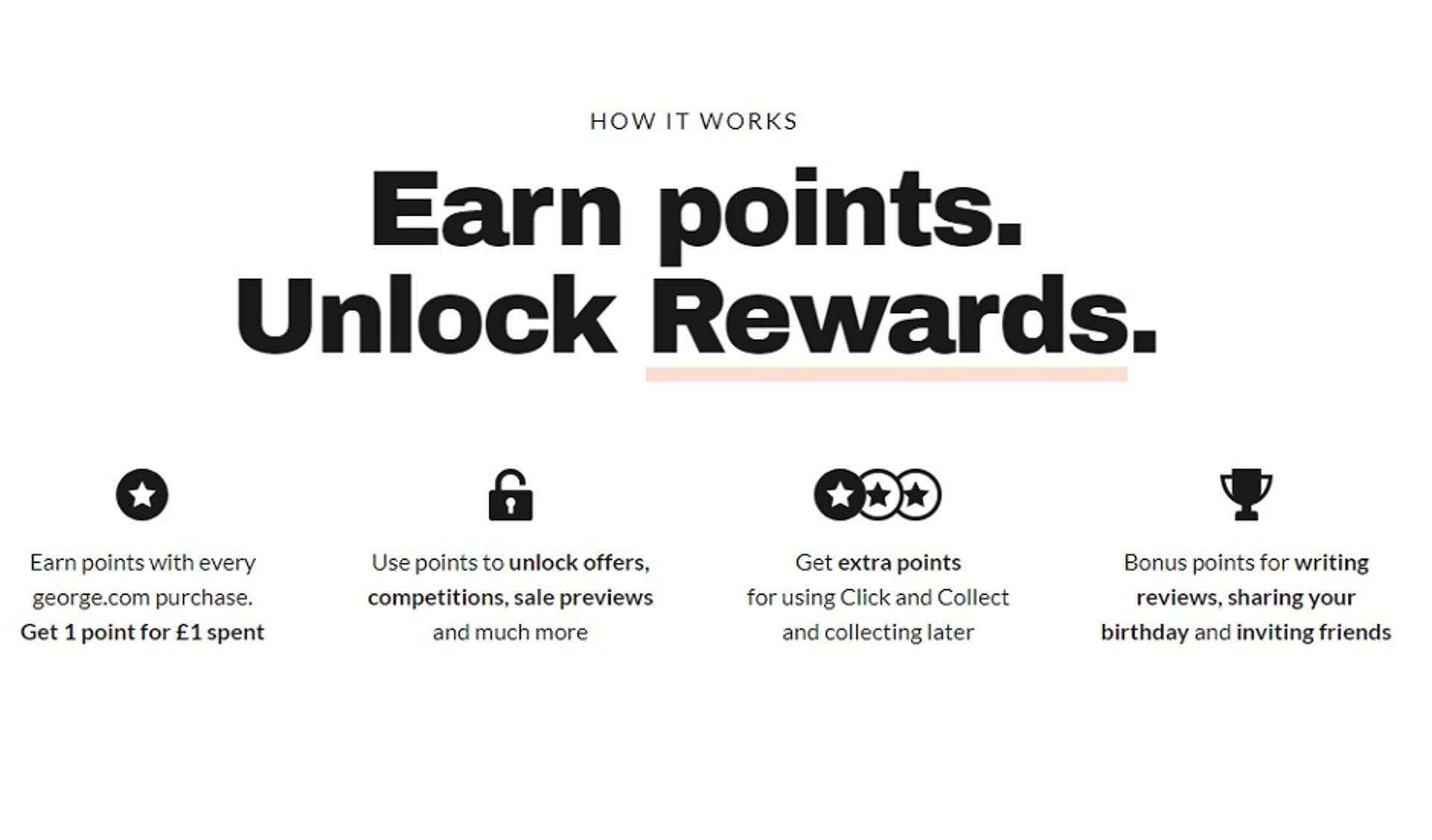  A screenshot of the ASDA George website showing users how the rewards scheme works, how they can earn points and what they can do with them. 