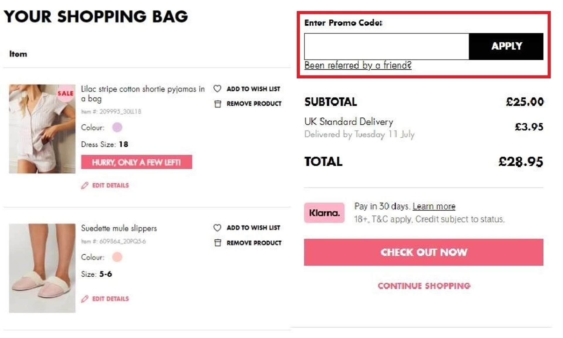  A screen grab of the checkout page of the Boux Avenue website with the promotional code box highlighted with a red box for instructional use. 